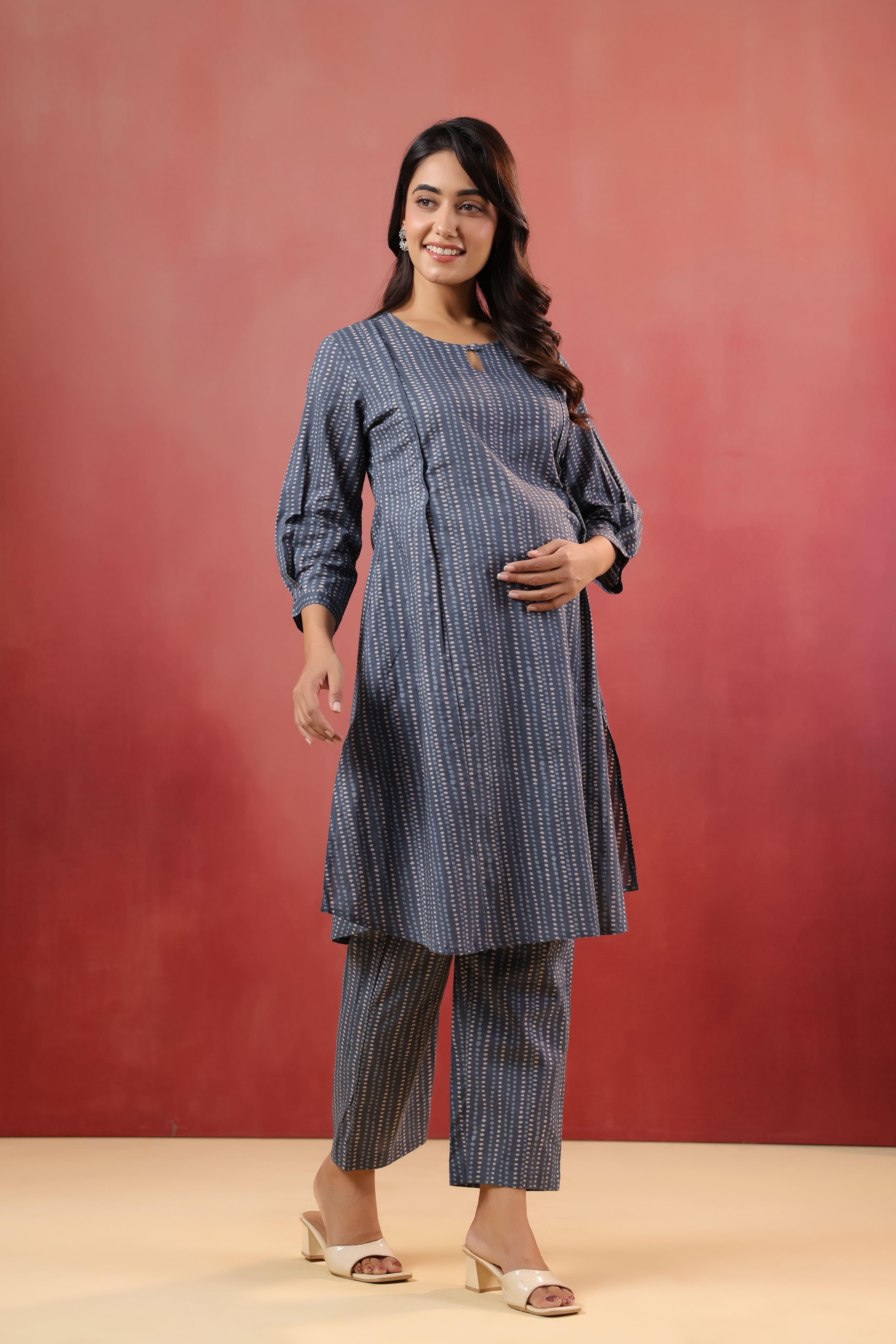 Marengo Grey Dots Cotton Maternity - Nursing Co-ord Set