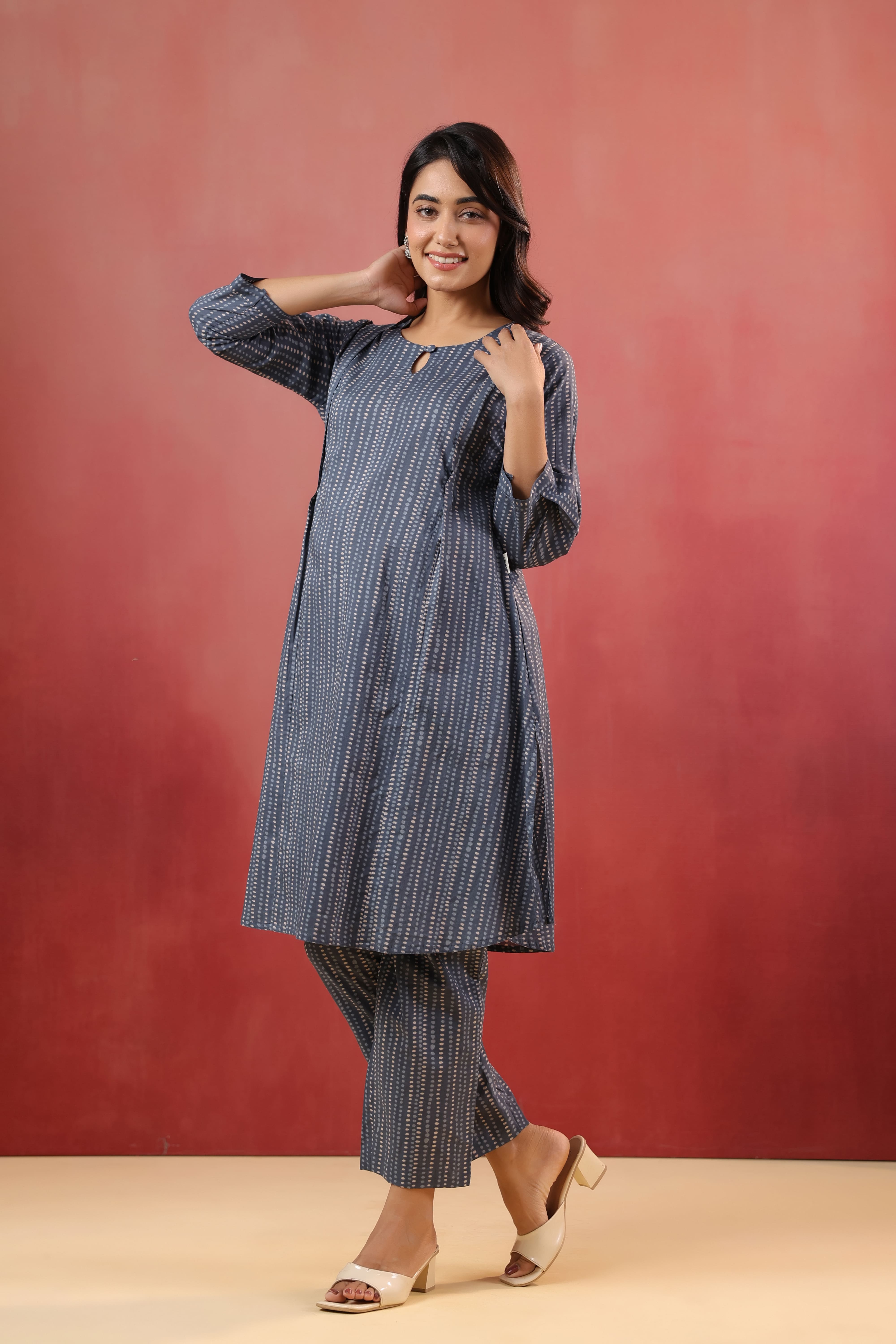 Marengo Grey Dots Cotton Maternity - Nursing Co-ord Set