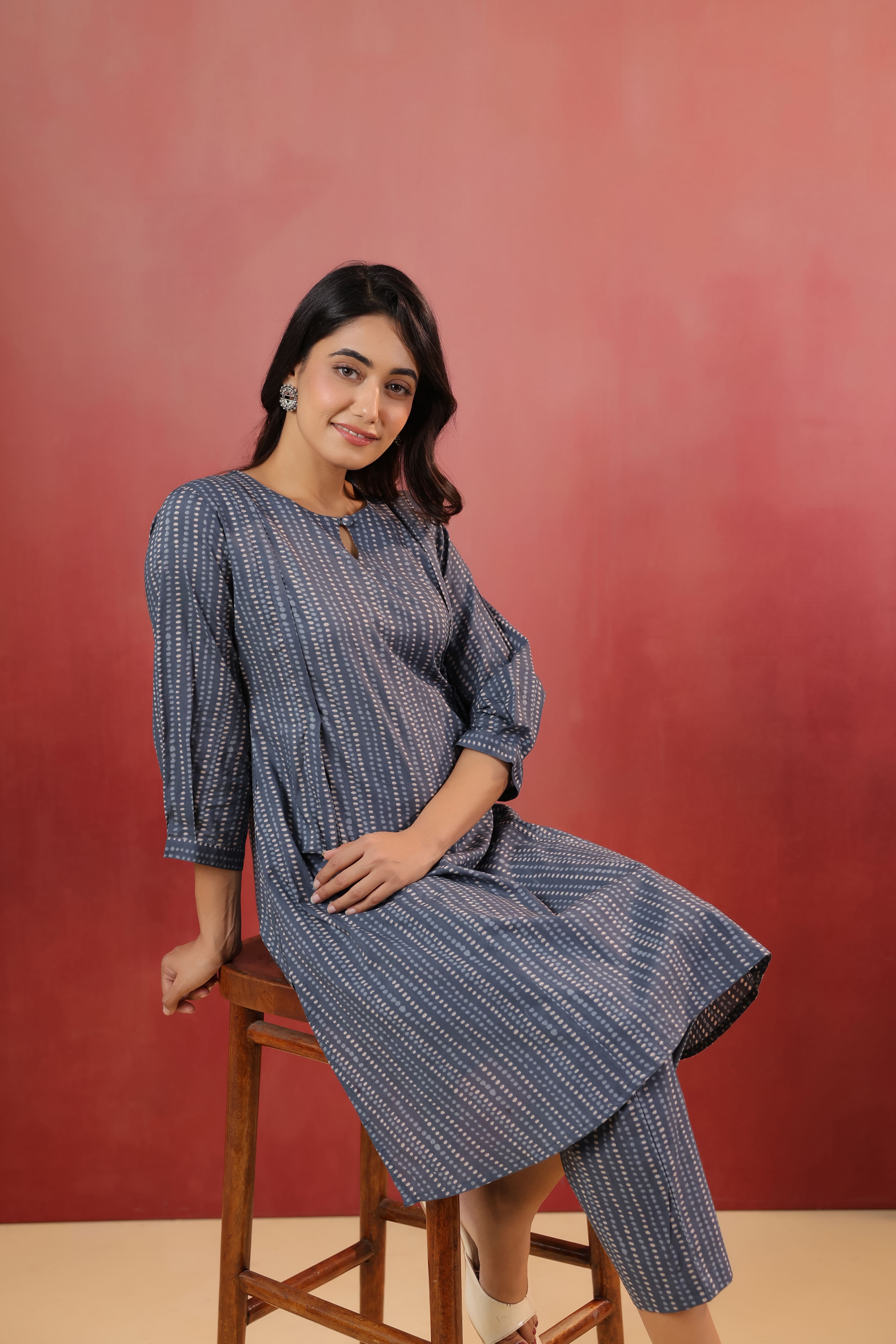 Marengo Grey Dots Cotton Maternity - Nursing Co-ord Set