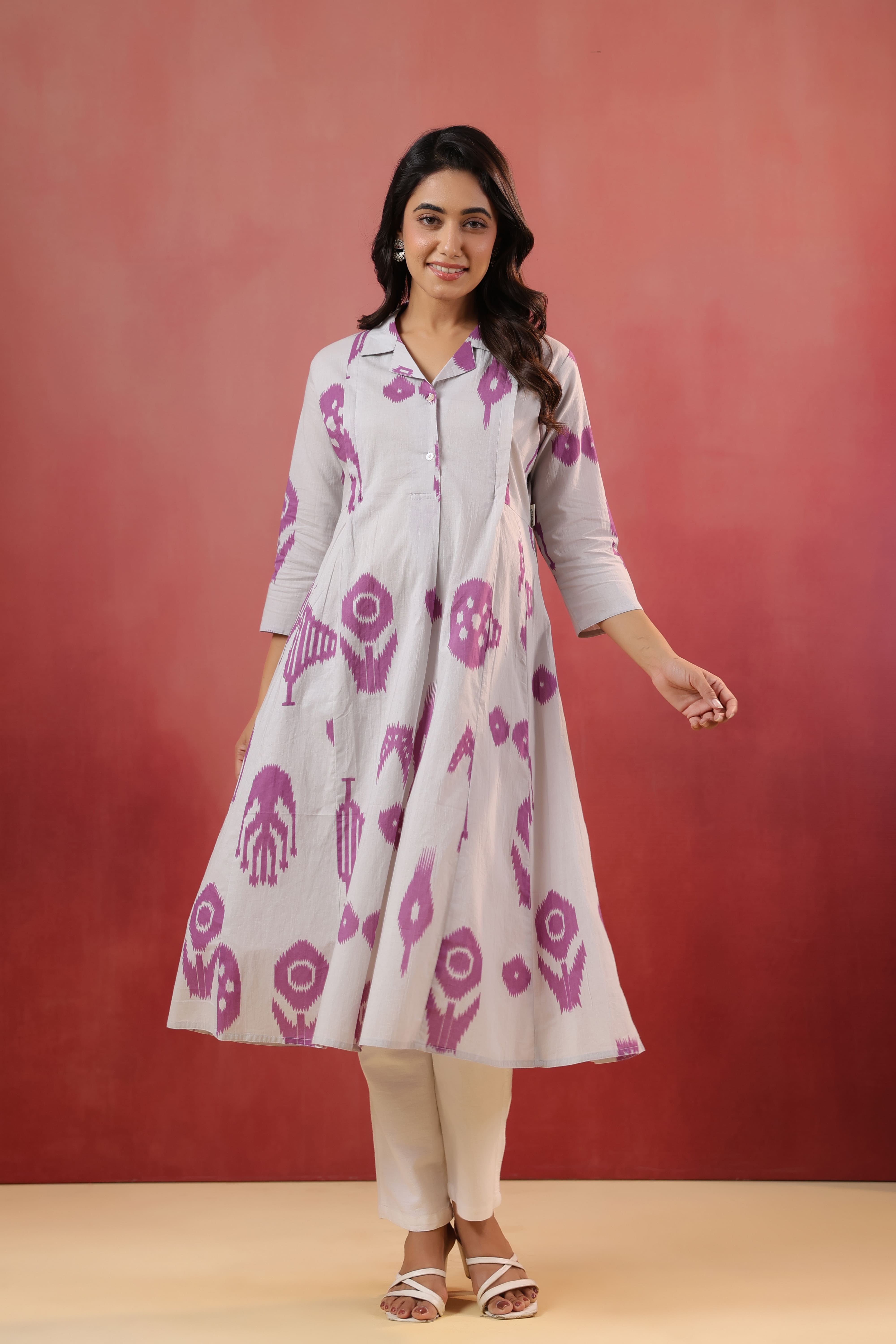 French Grey Classic Ikat Cotton Maternity - Nursing Kurta