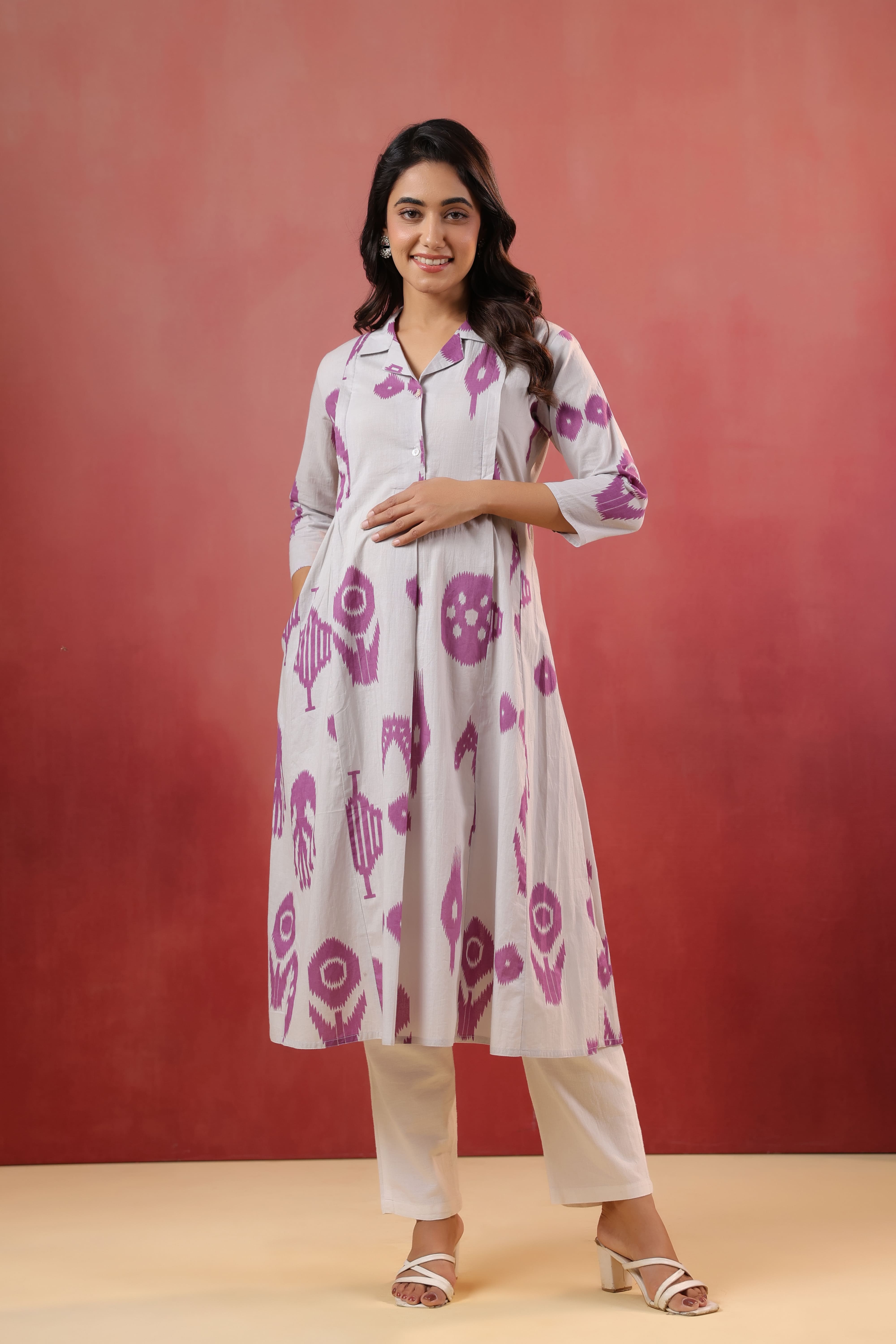 French Grey Classic Ikat Cotton Maternity - Nursing Kurta