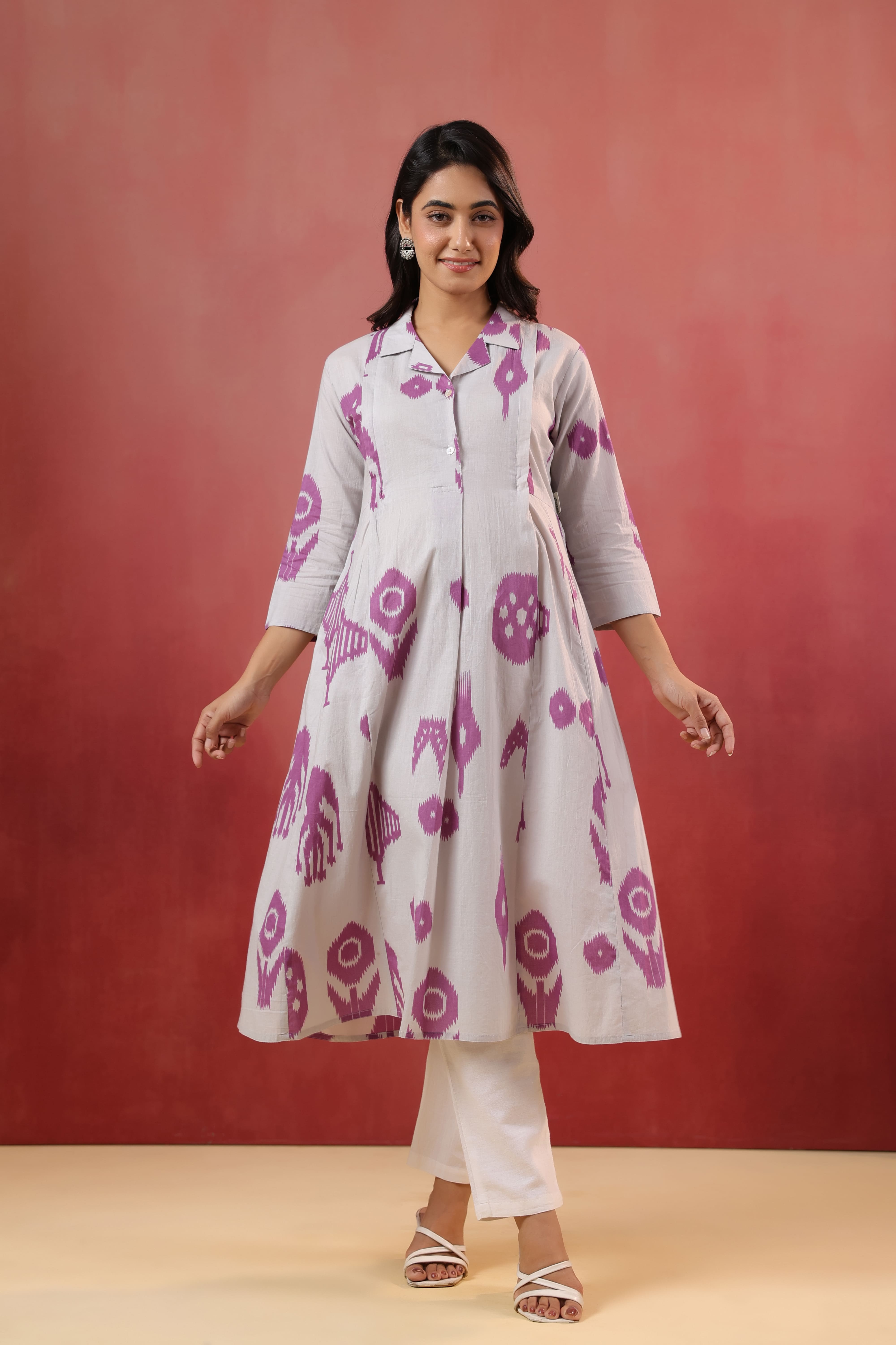 French Grey Classic Ikat Cotton Maternity - Nursing Kurta