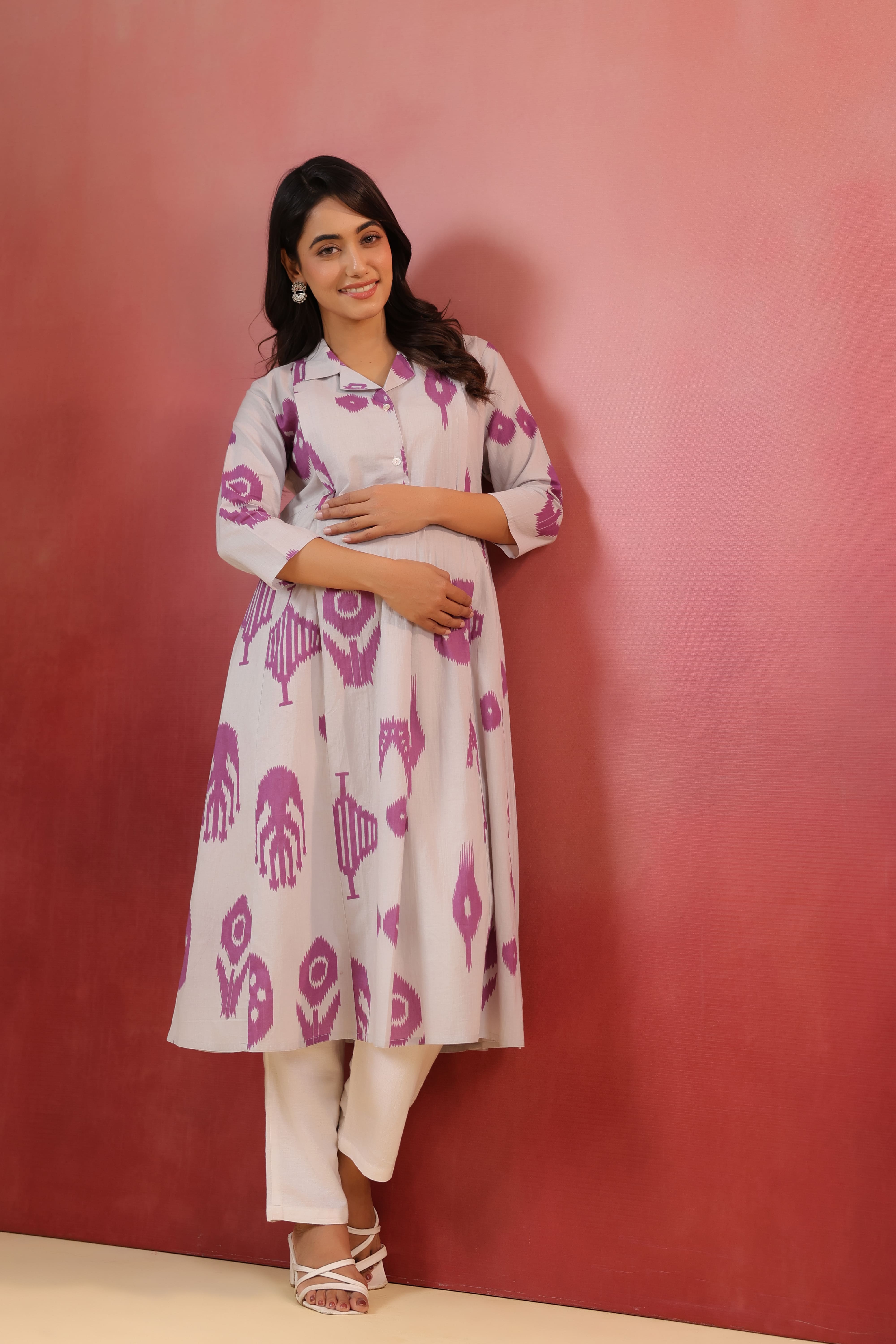 French Grey Classic Ikat Cotton Maternity - Nursing Kurta