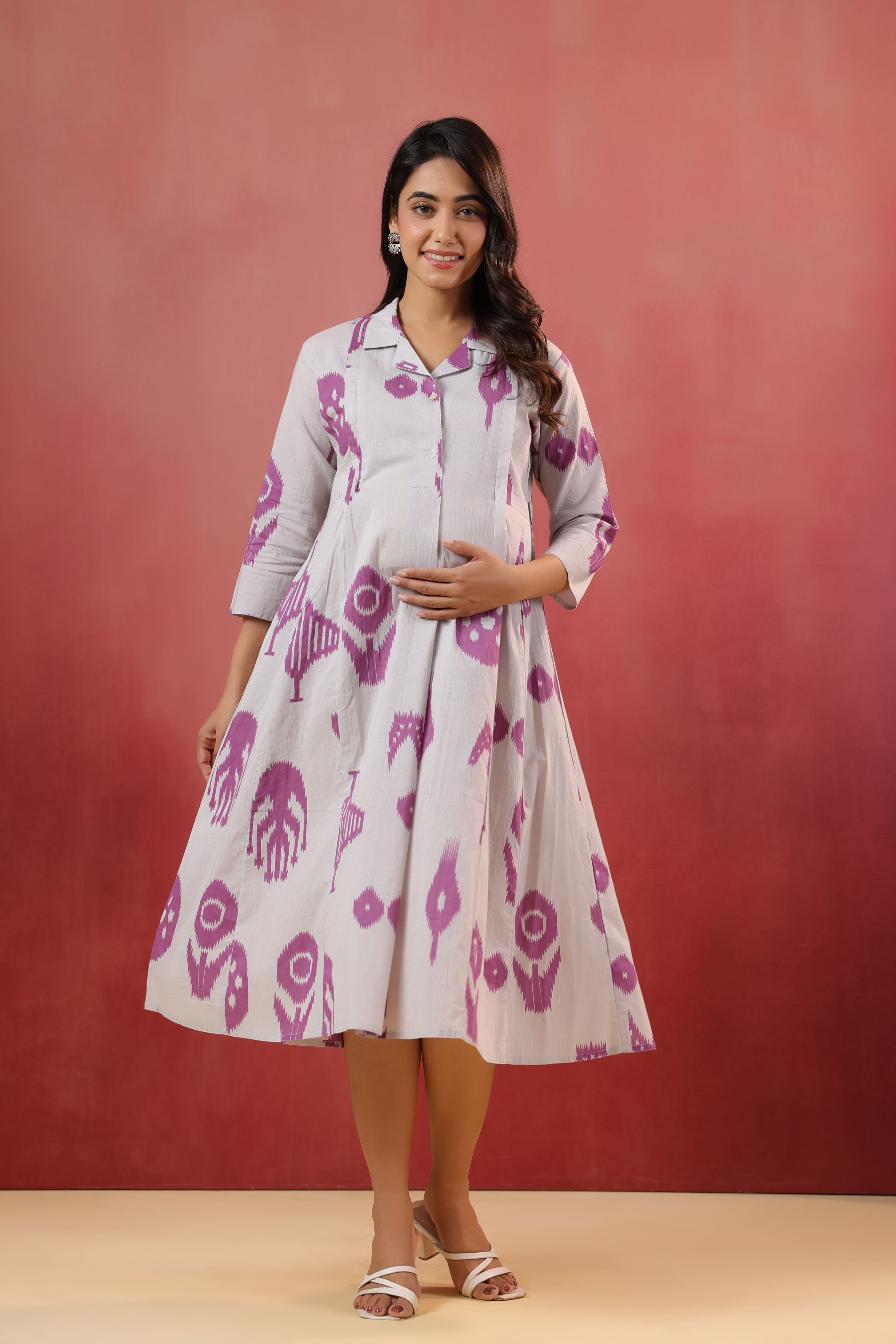 French Grey Classic Ikat Cotton Maternity - Nursing Dress