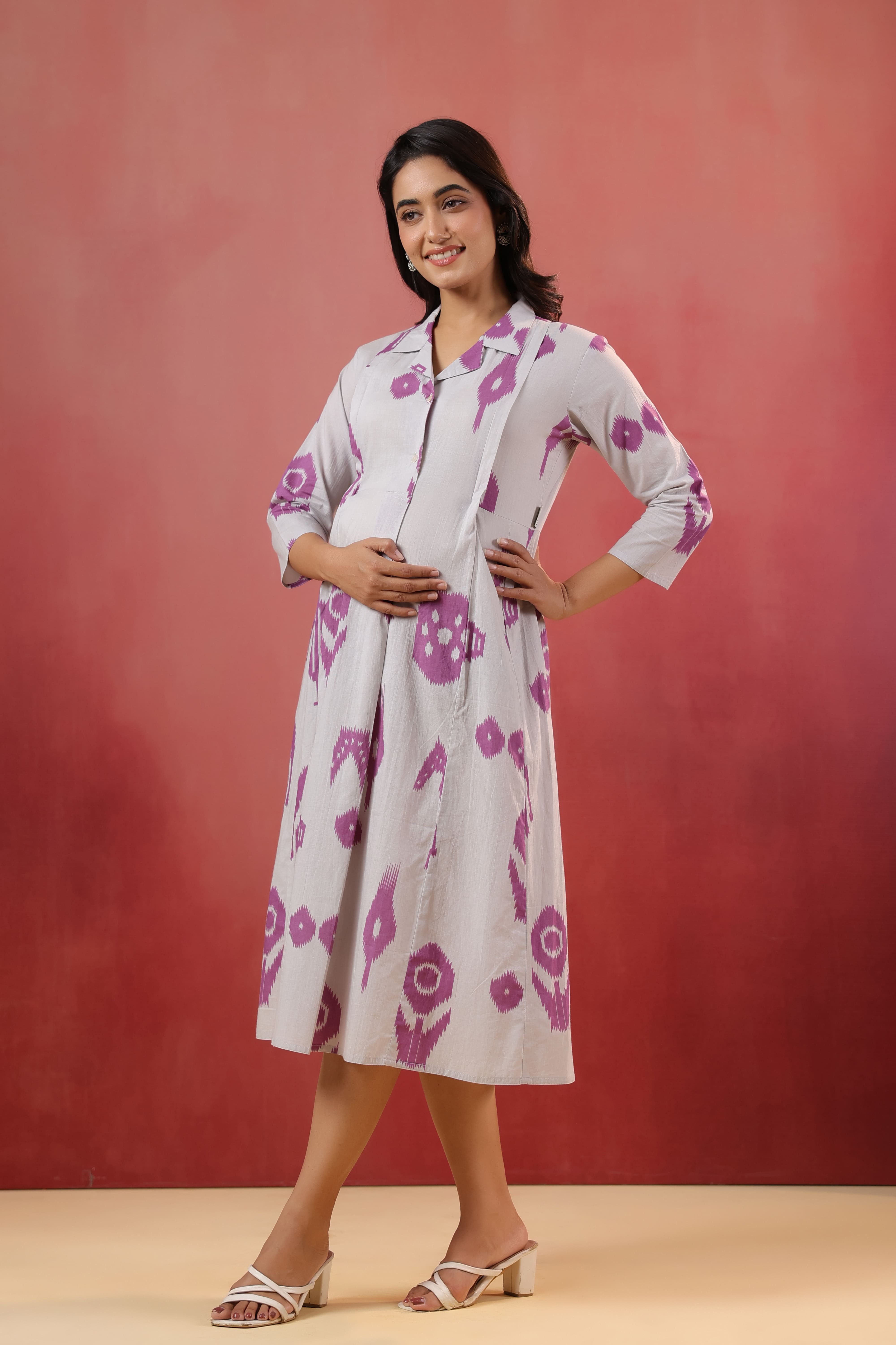 French Grey Classic Ikat Cotton Maternity - Nursing Dress