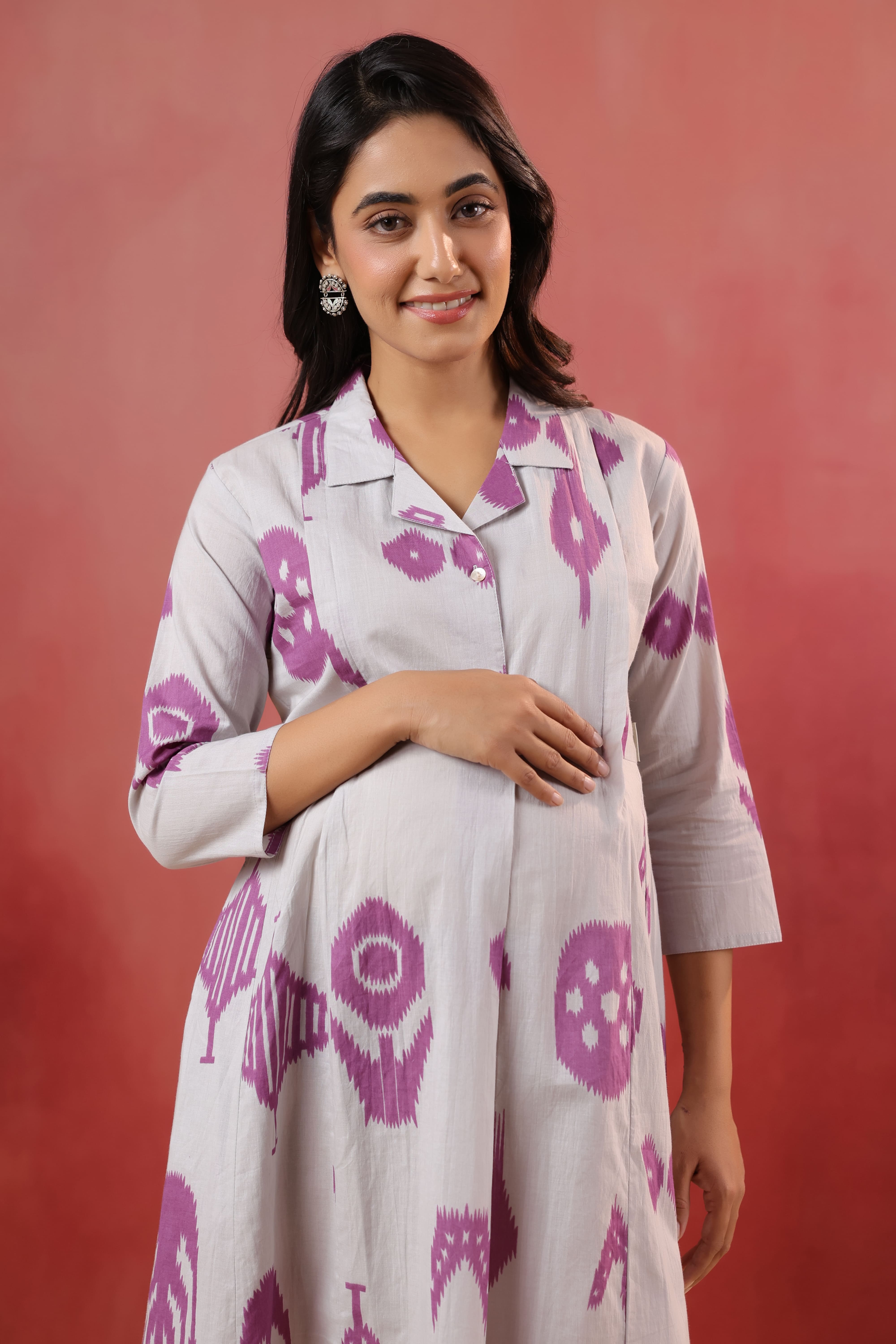 French Grey Classic Ikat Cotton Maternity - Nursing Dress