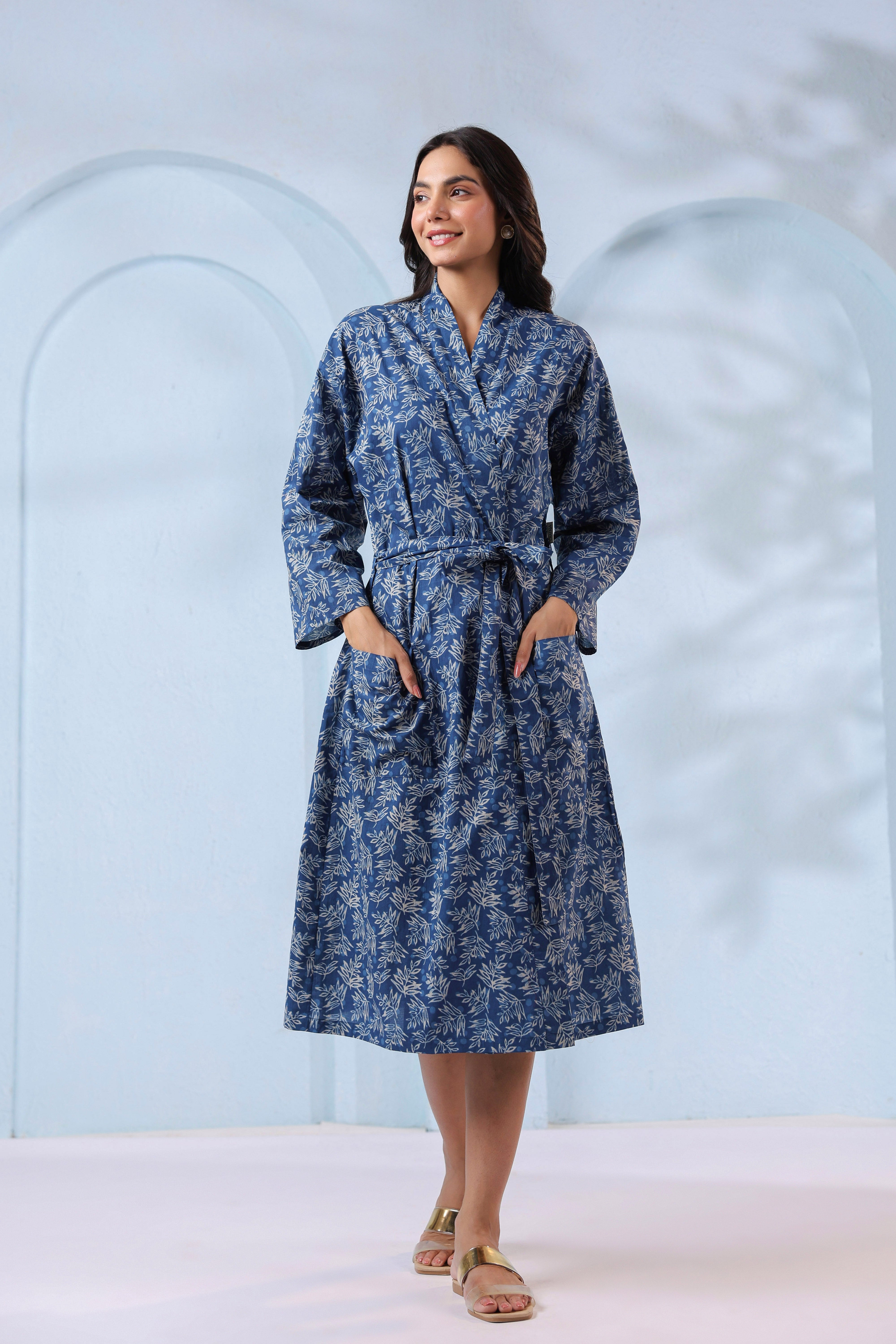 Persian Indigo Leaf Cotton Robe ( One-Size )
