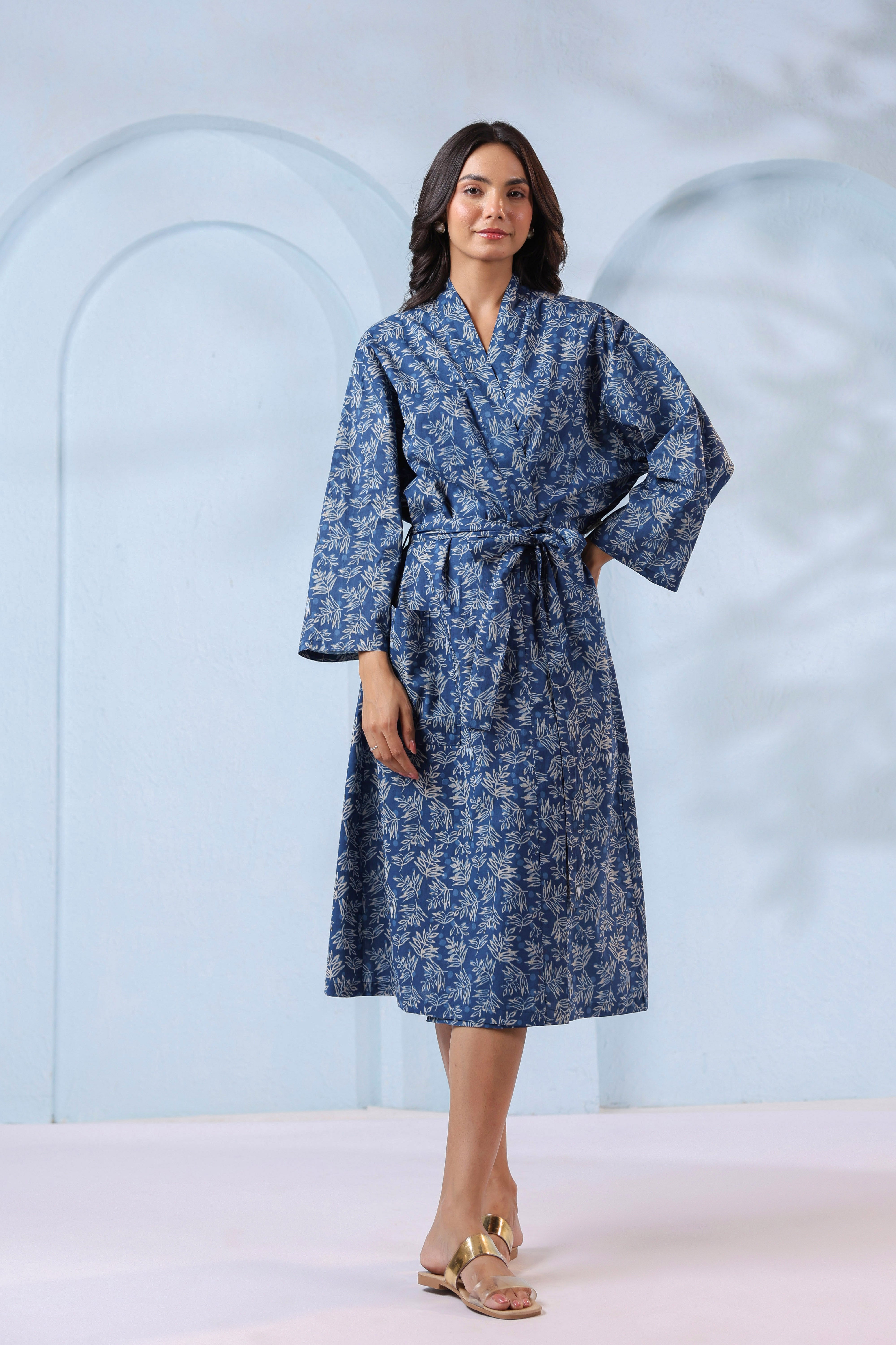 Persian Indigo Leaf Cotton Robe ( One-Size )