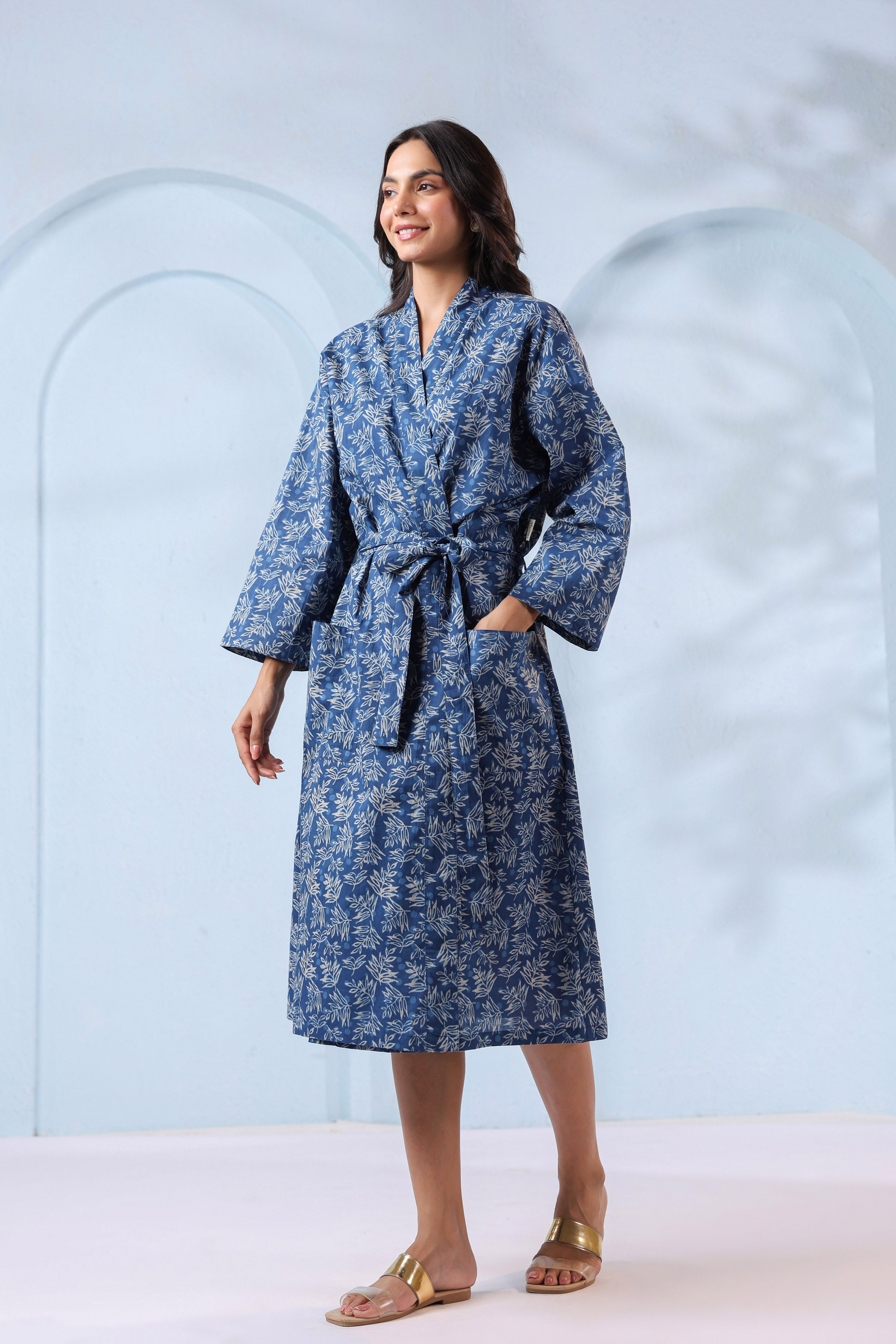Persian Indigo Leaf Cotton Robe ( One-Size )