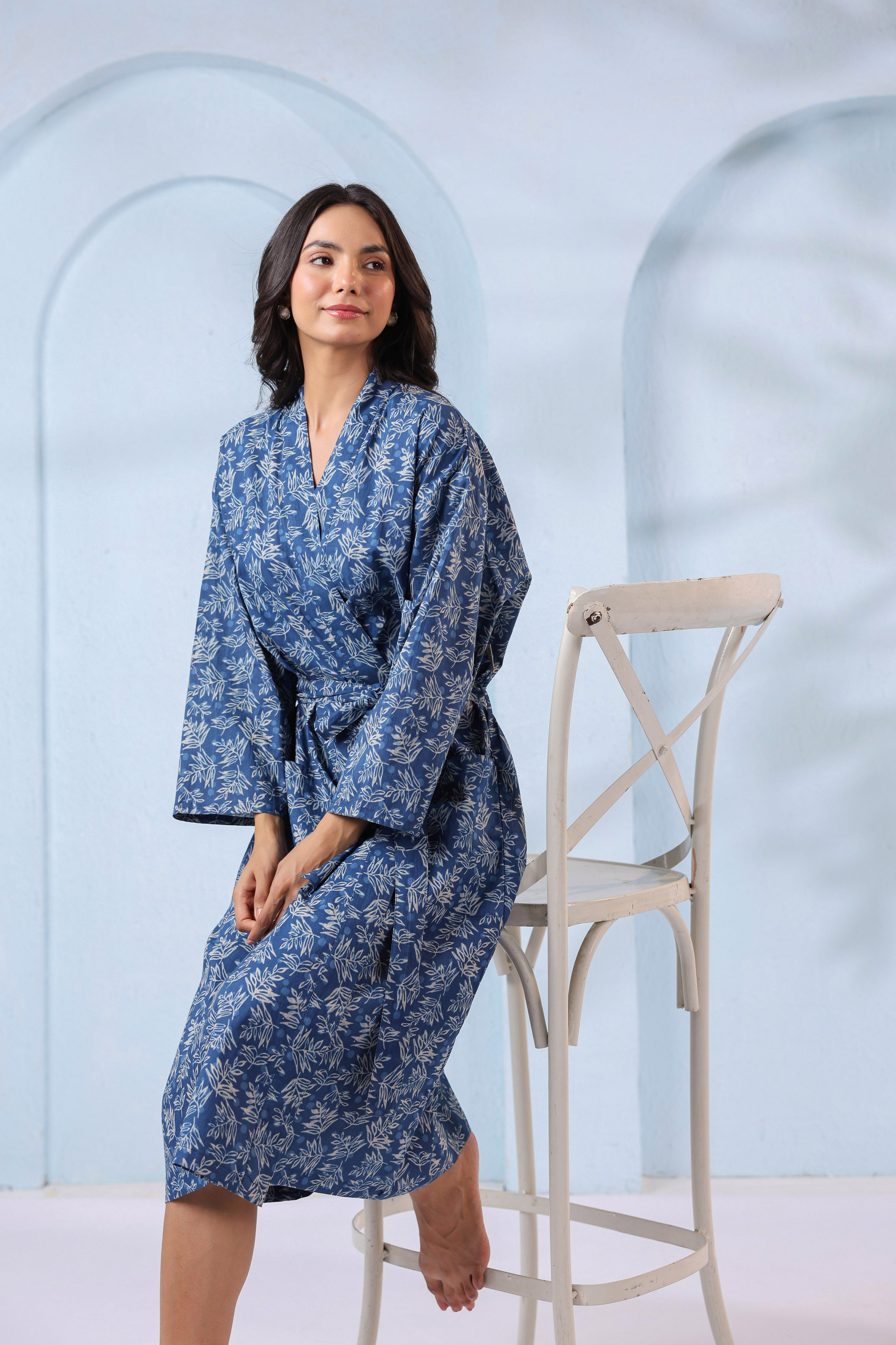 Persian Indigo Leaf Cotton Robe ( One-Size )