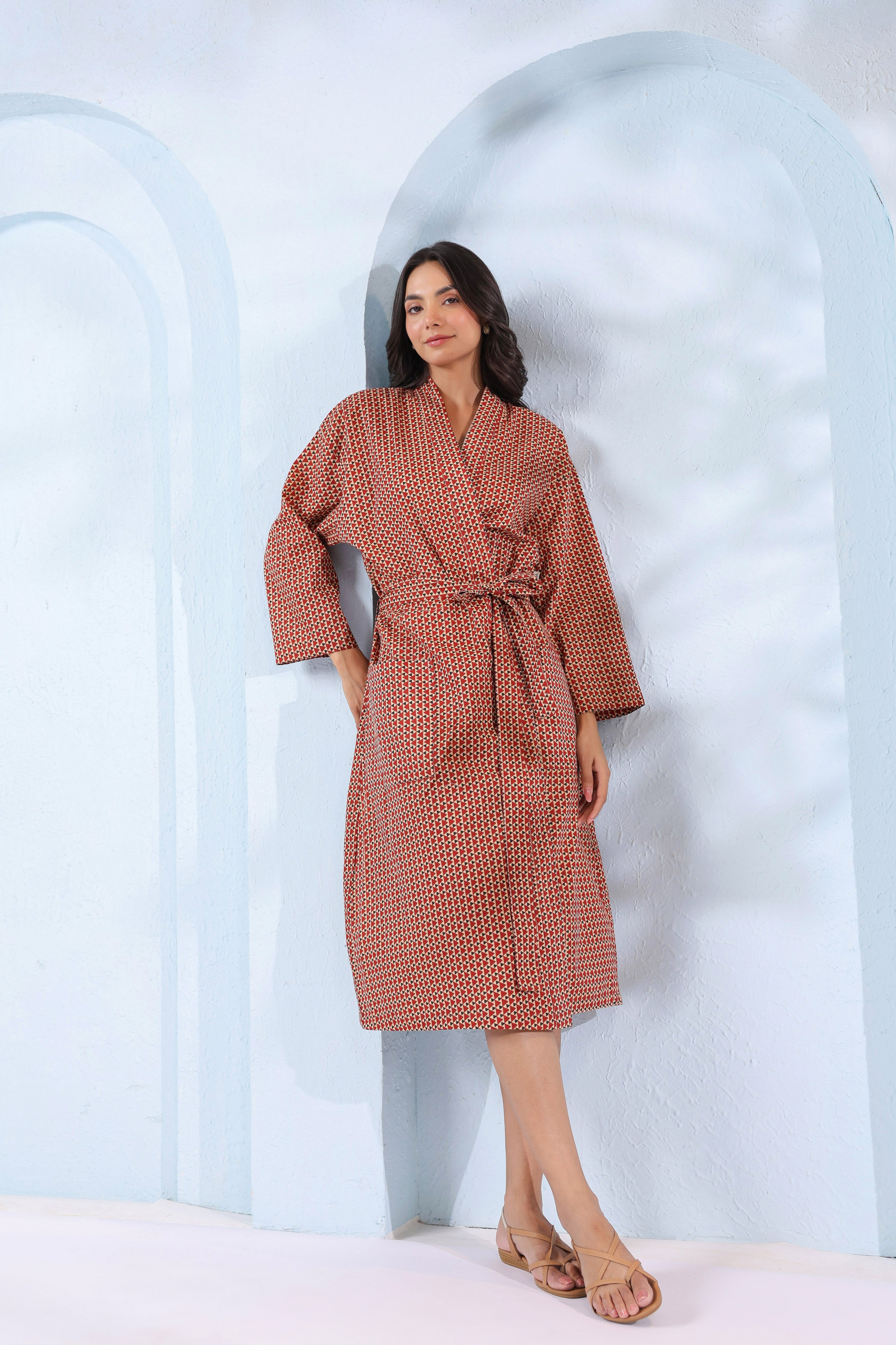 Terracotta Ajrakh Cotton Robe ( One-Size )