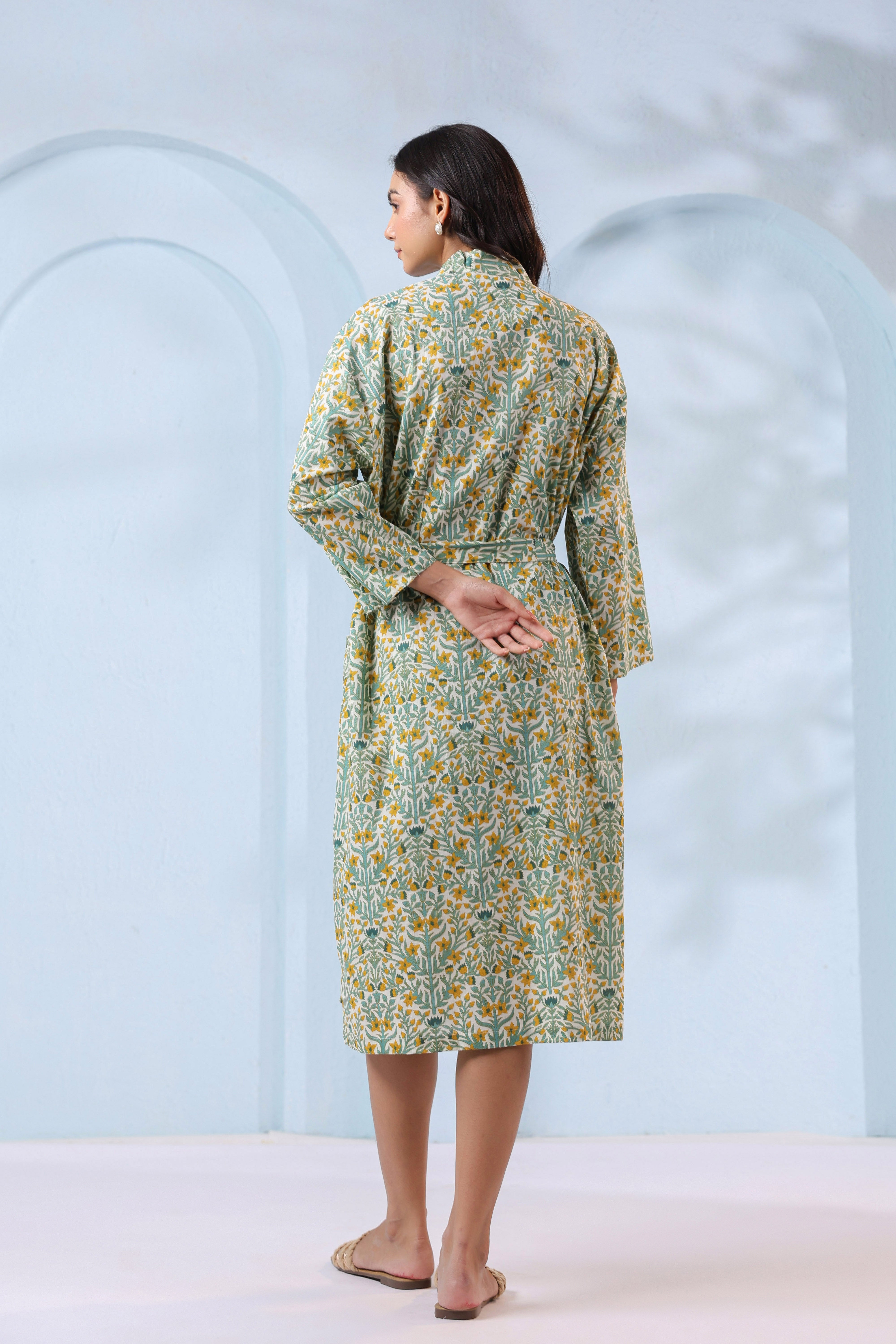 Blooming White Yellow Cotton Robe ( One-Size )