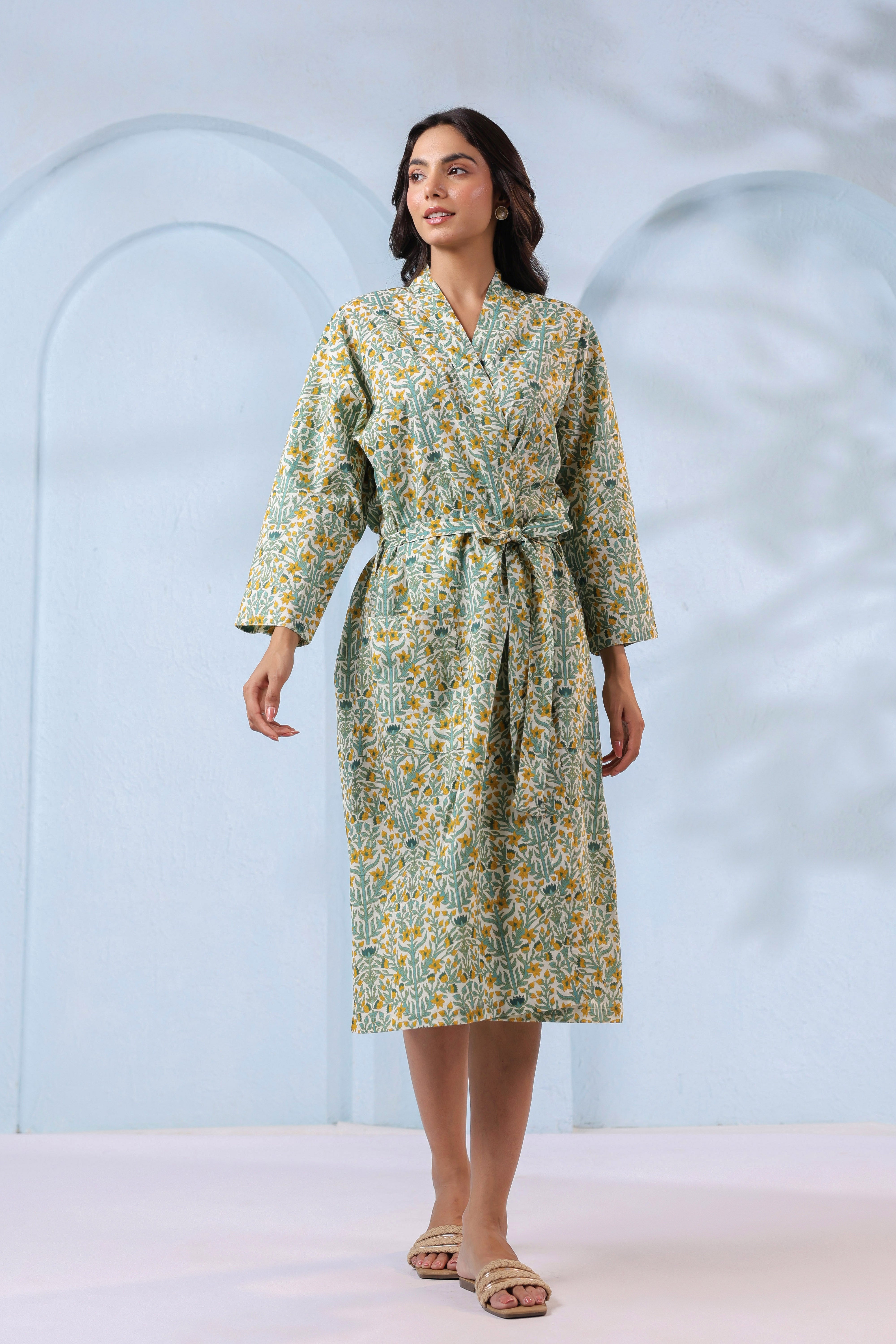 Blooming White Yellow Cotton Robe ( One-Size )