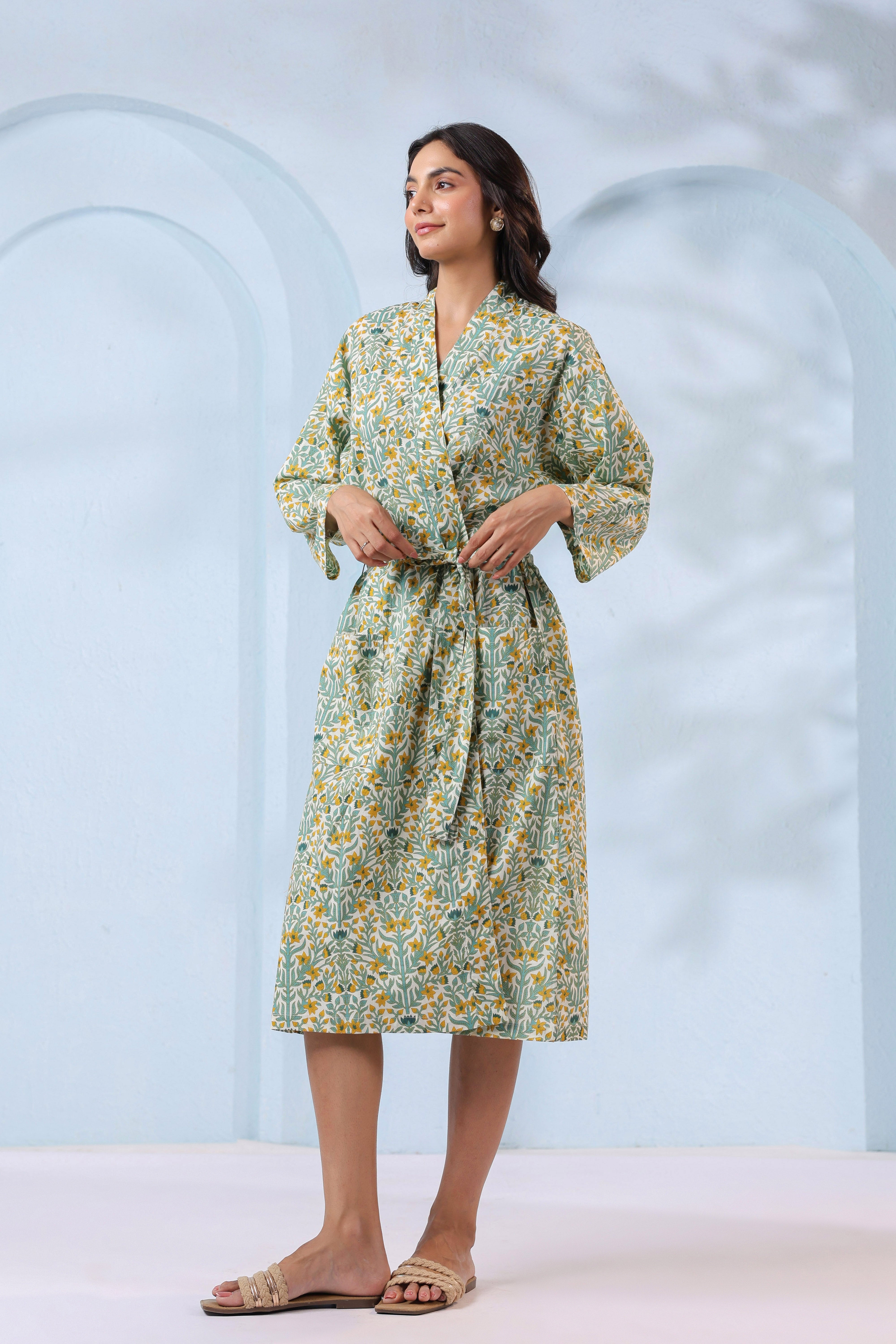 Blooming White Yellow Cotton Robe ( One-Size )