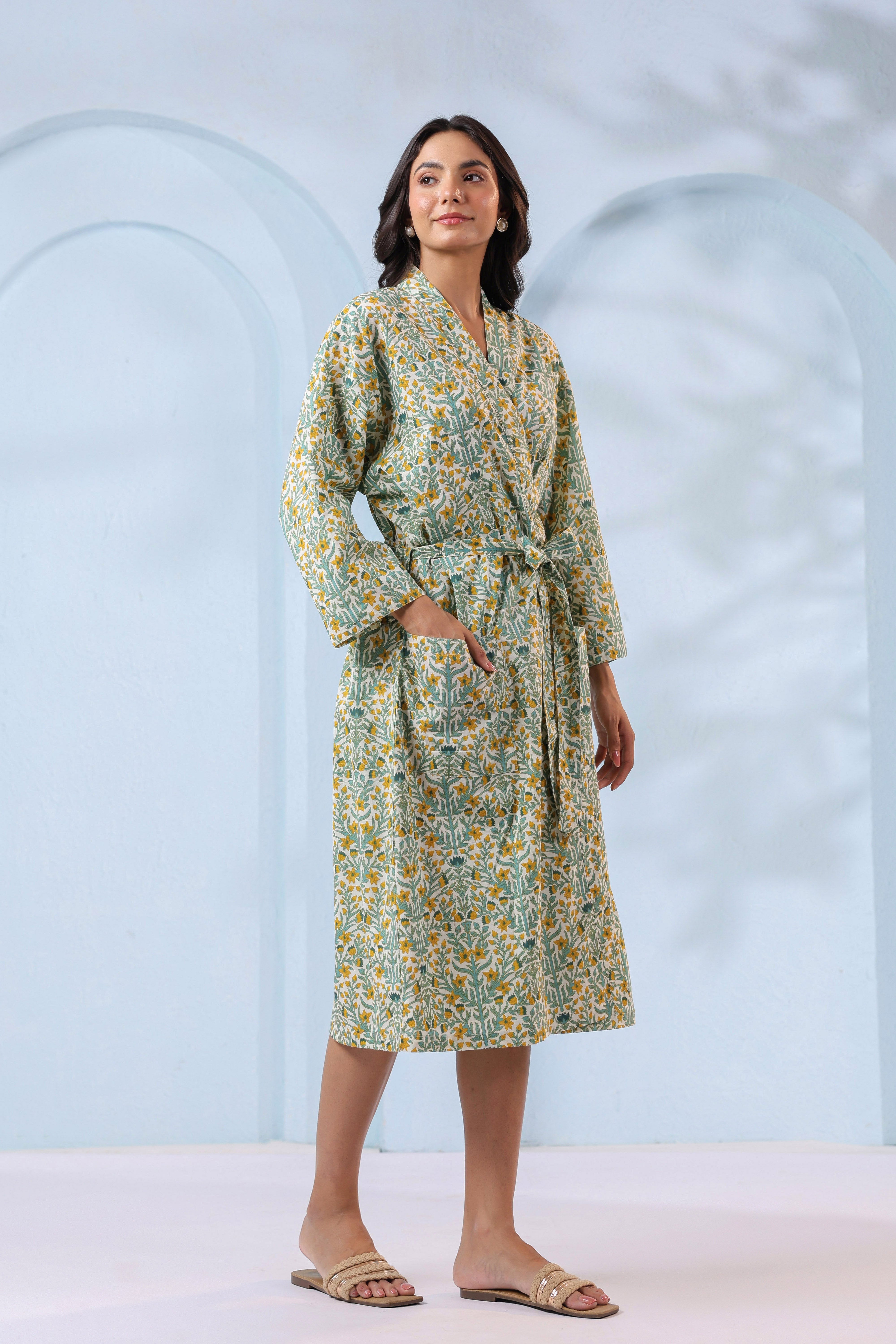 Blooming White Yellow Cotton Robe ( One-Size )