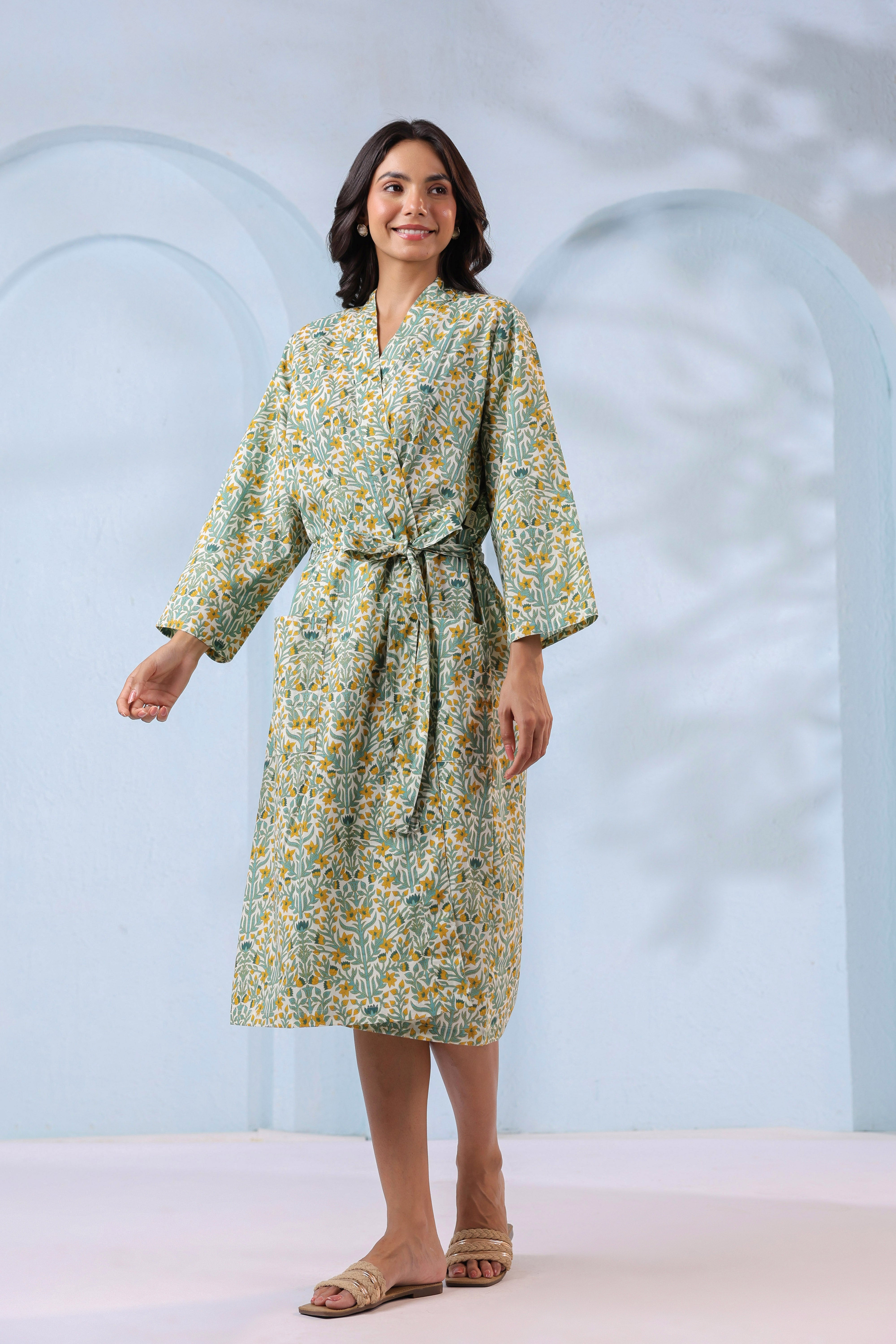 Blooming White Yellow Cotton Robe ( One-Size )