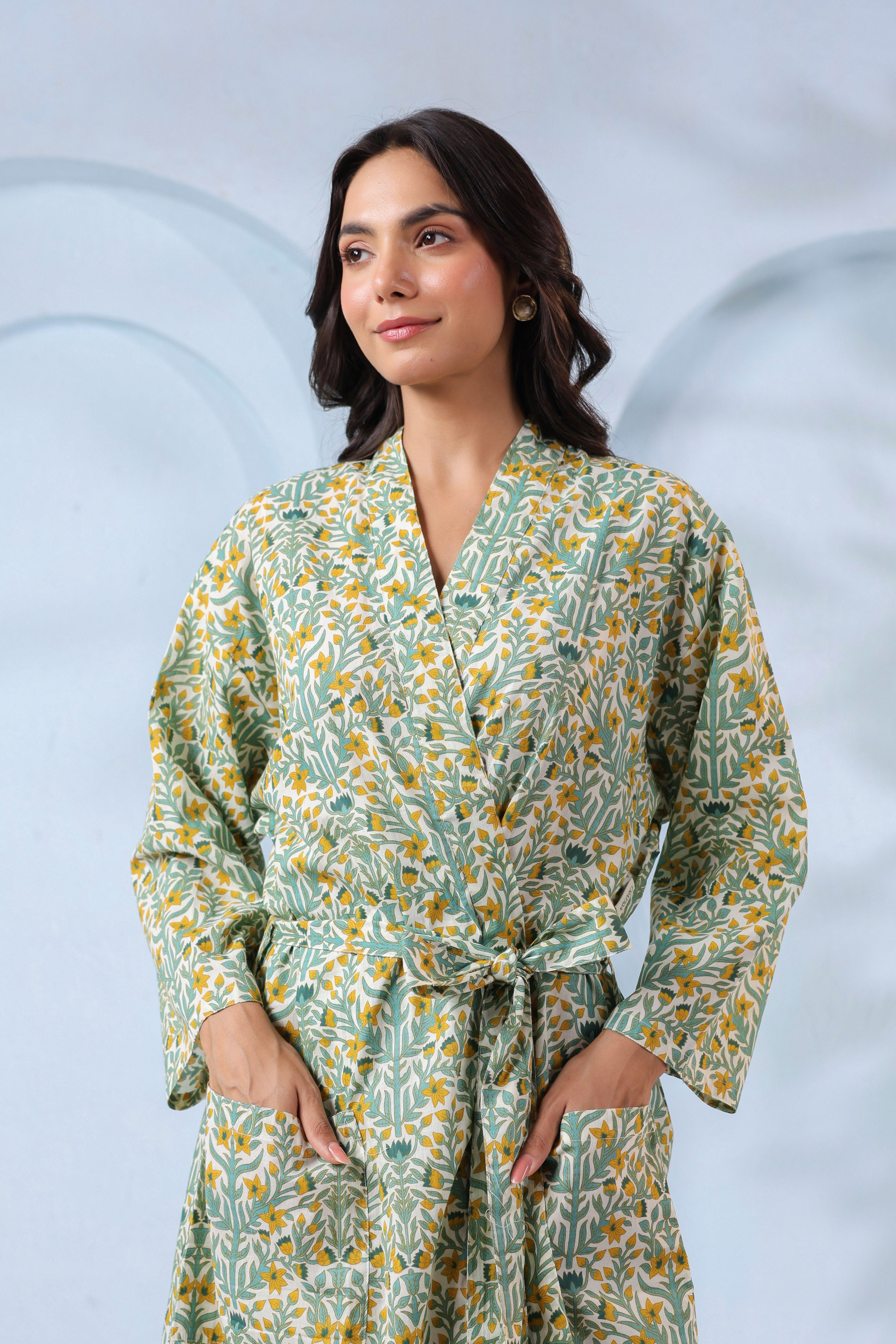 Blooming White Yellow Cotton Robe ( One-Size )
