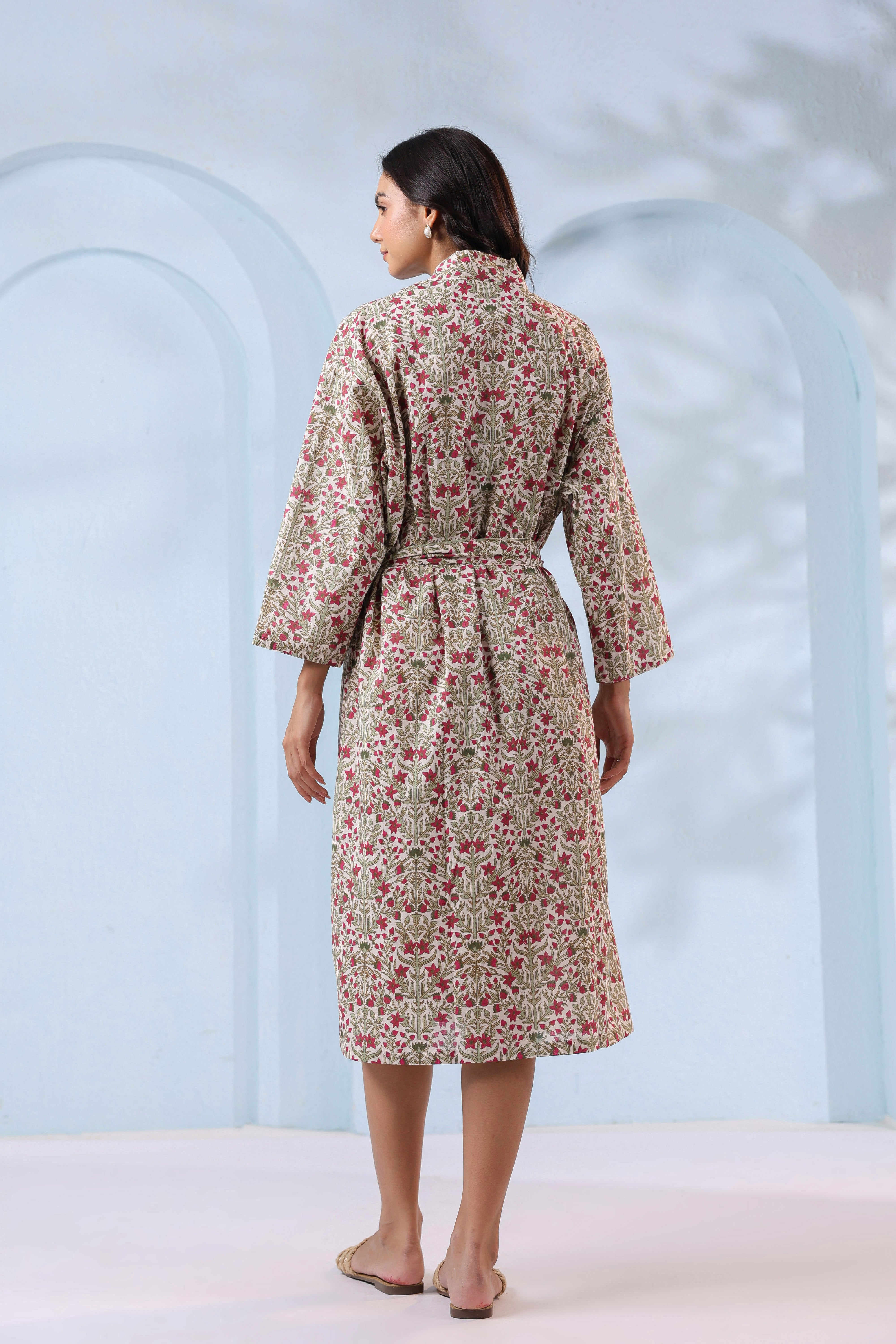 Blooming White Red Cotton Robe ( One-Size )
