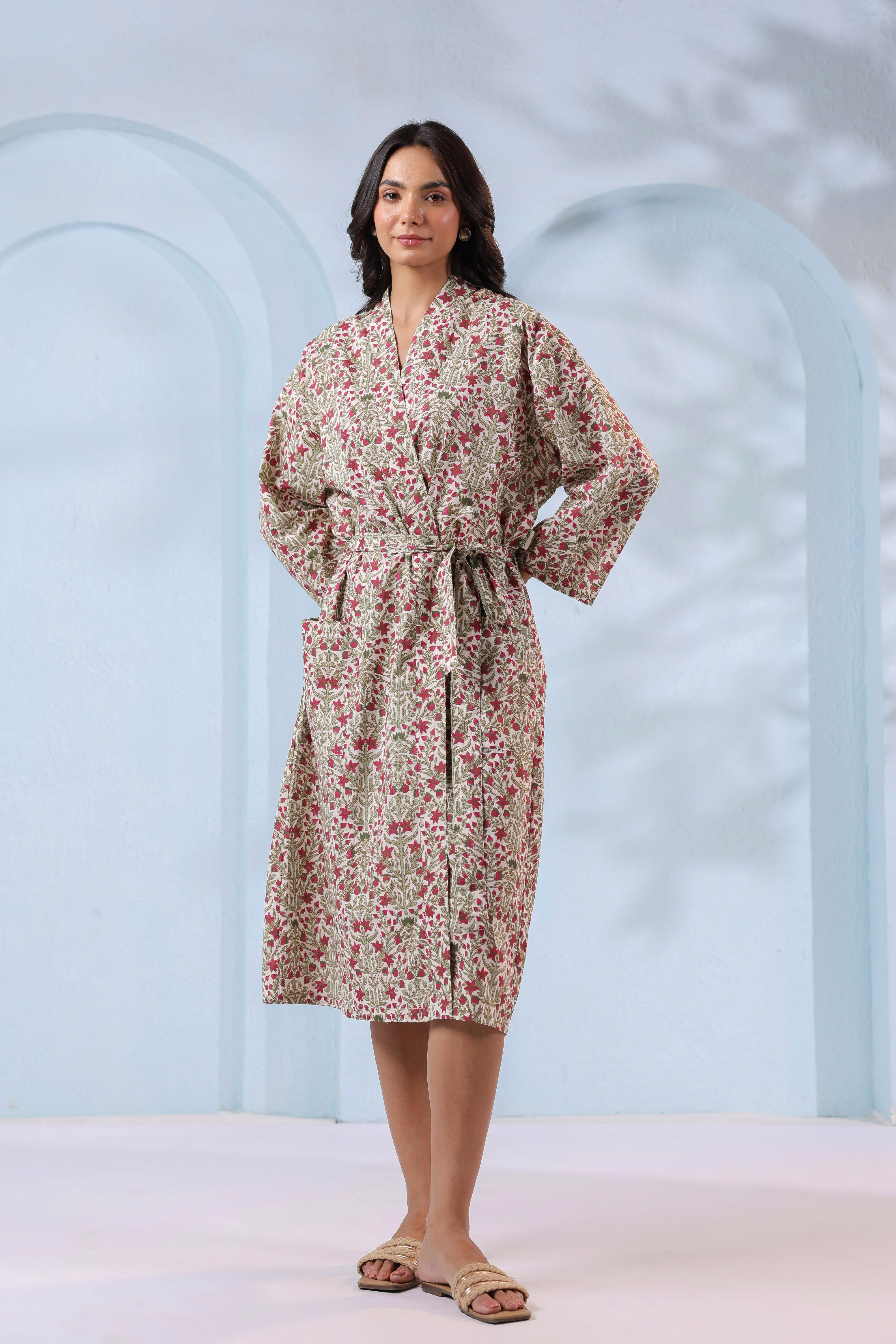 Blooming White Red Cotton Robe ( One-Size )