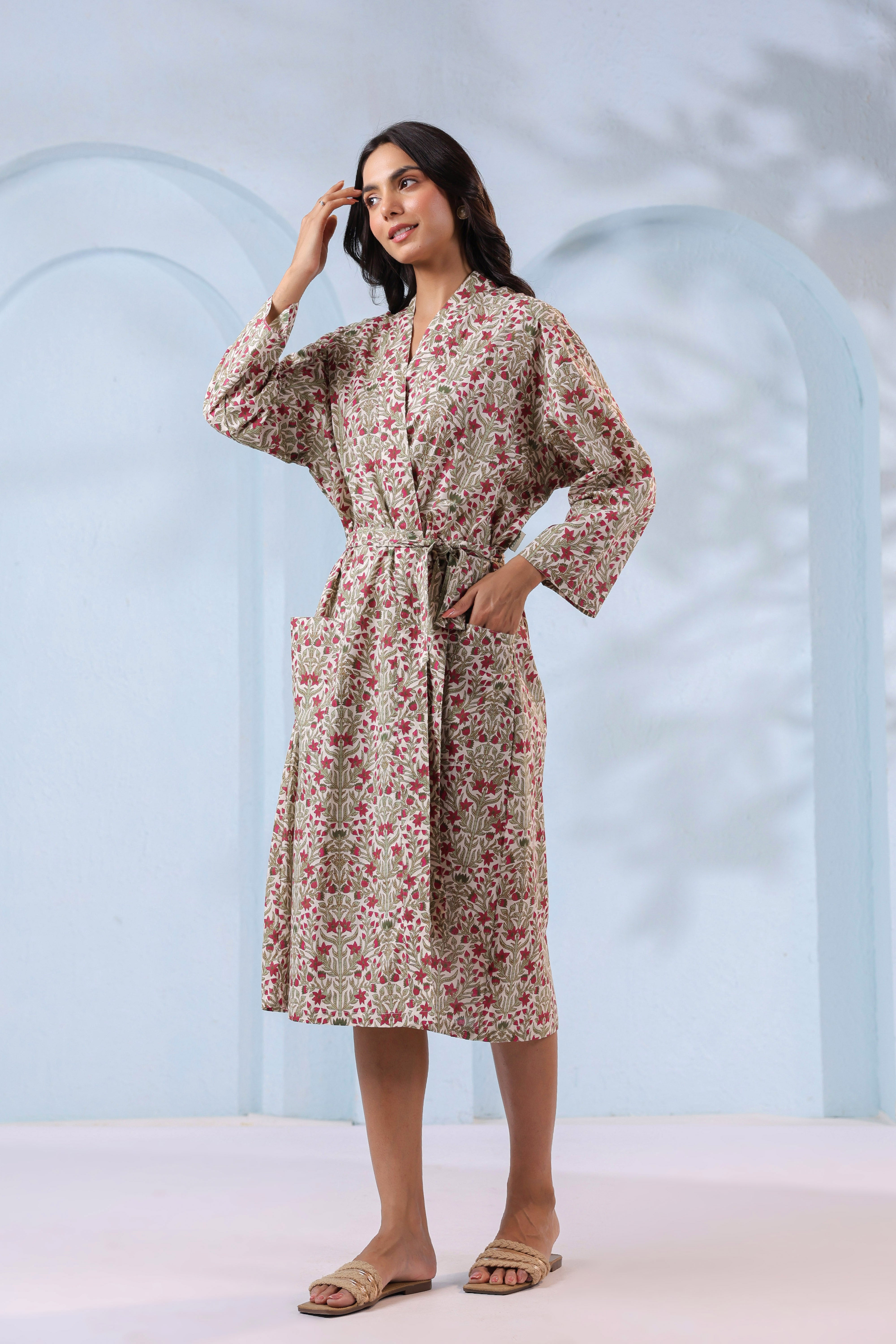 Blooming White Red Cotton Robe ( One-Size )