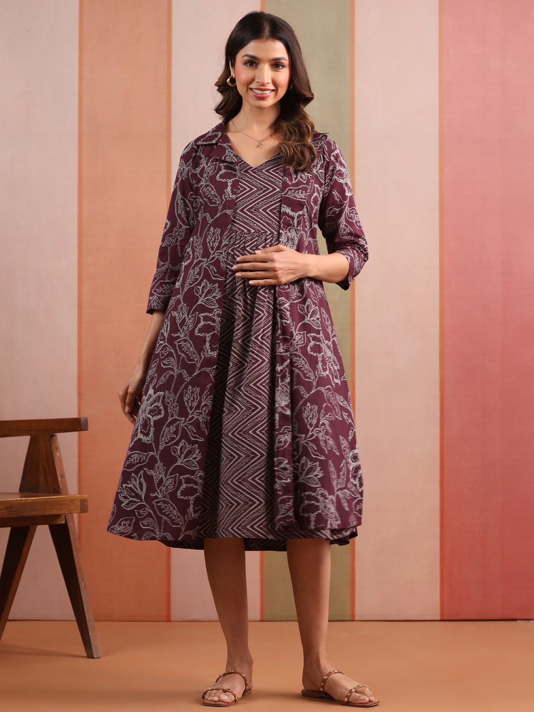 Wine Garden Print Cotton Maternity - Nursing Shrug Dress