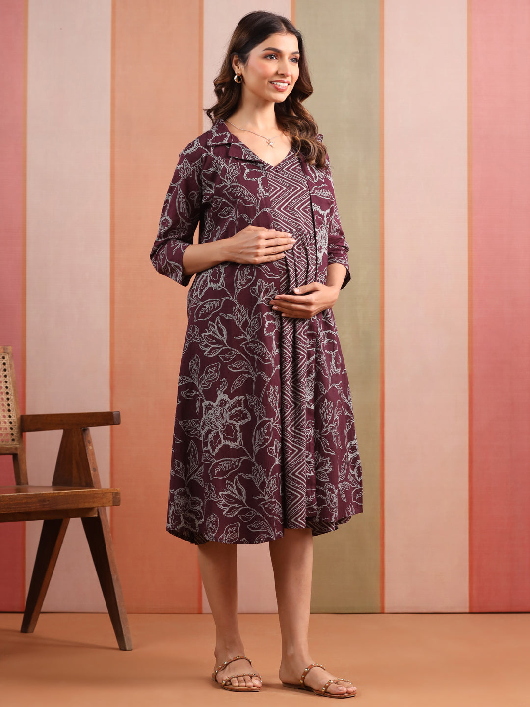 Wine Garden Print Cotton Maternity - Nursing Shrug Dress