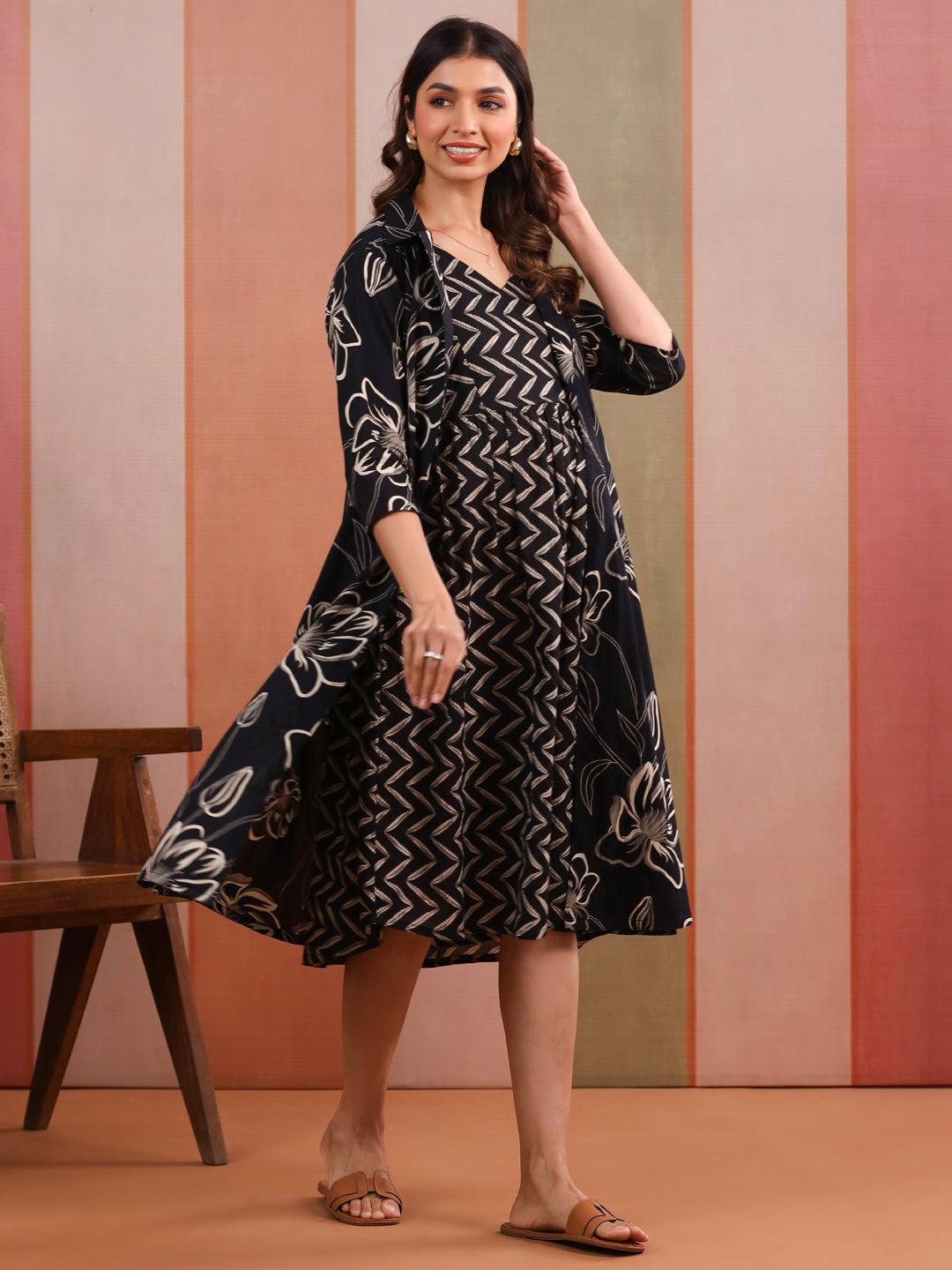 Midnight Floral Eclipse Cotton Maternity - Nursing Shrug Dress