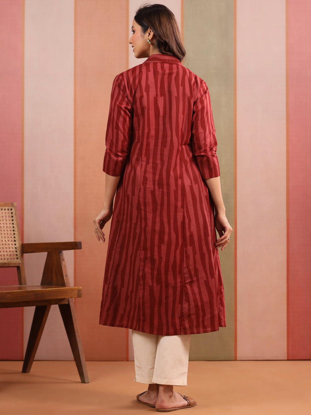 Rust Abstract Stripe Cotton Maternity - Nursing Kurta