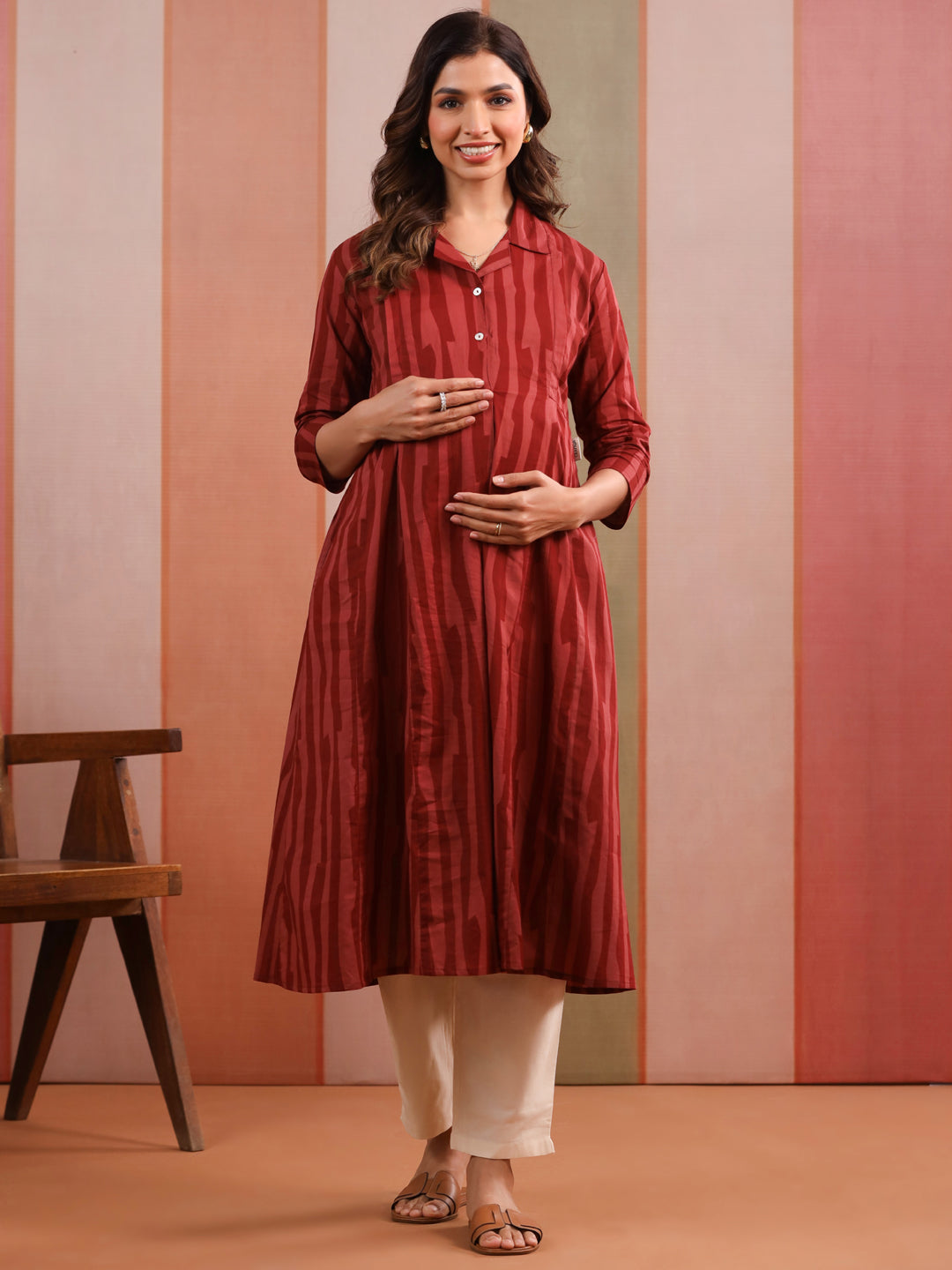 Rust Abstract Stripe Cotton Maternity - Nursing Kurta