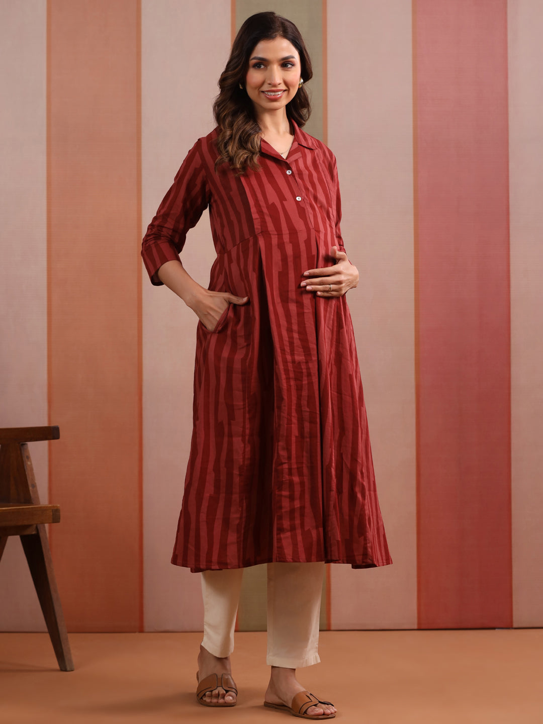 Rust Abstract Stripe Cotton Maternity - Nursing Kurta