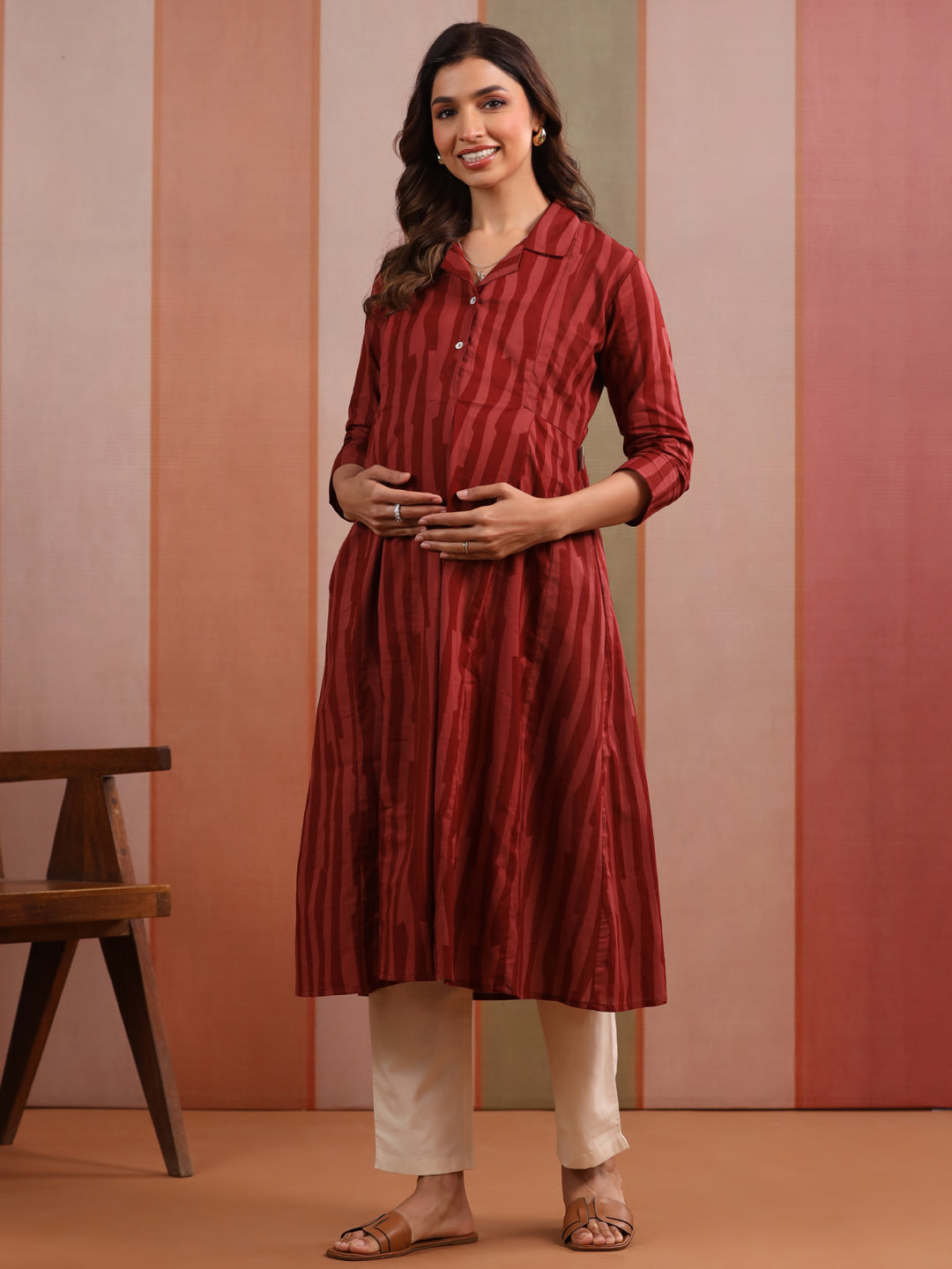 Rust Abstract Stripe Cotton Maternity - Nursing Kurta