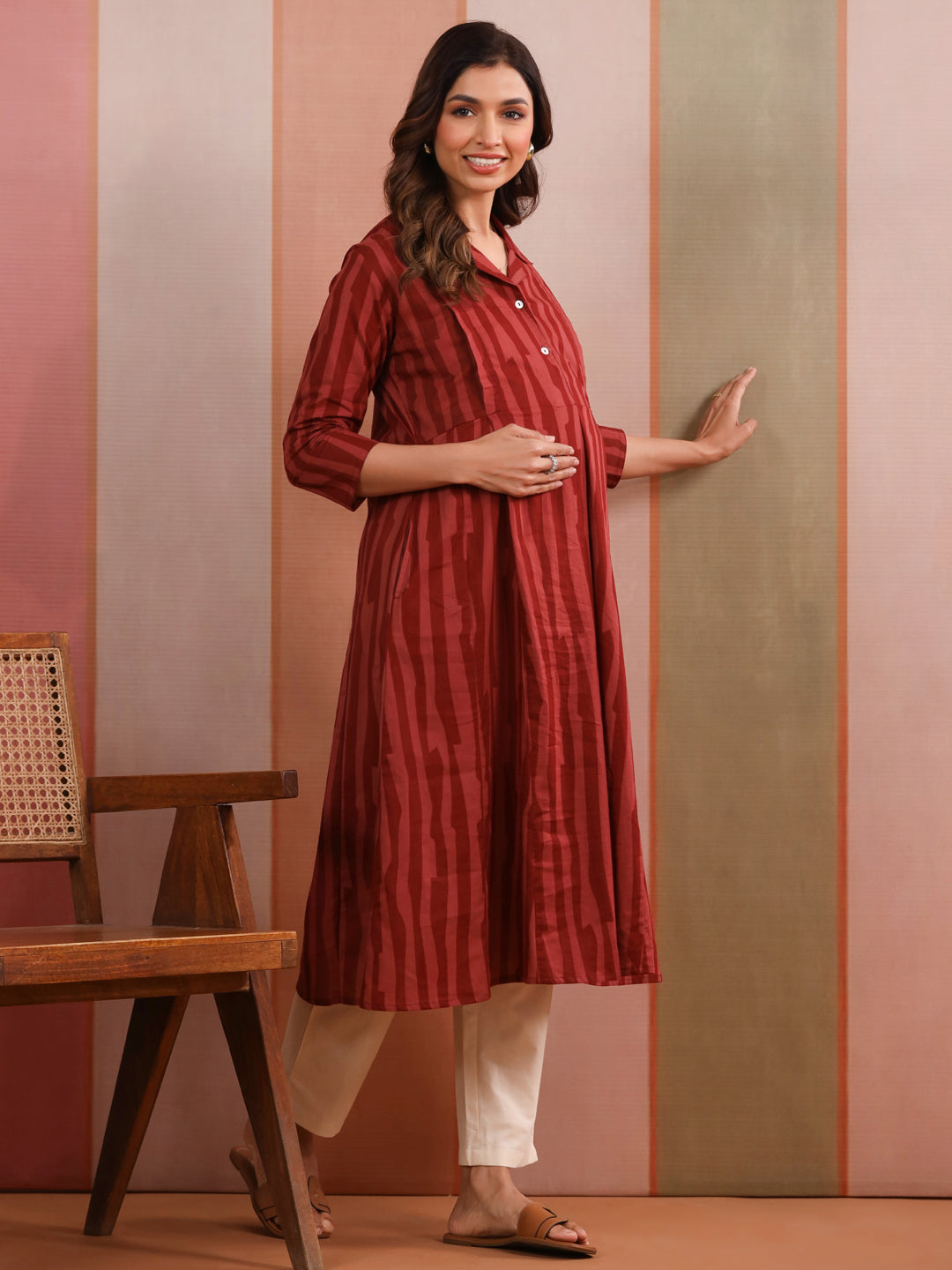Rust Abstract Stripe Cotton Maternity - Nursing Kurta