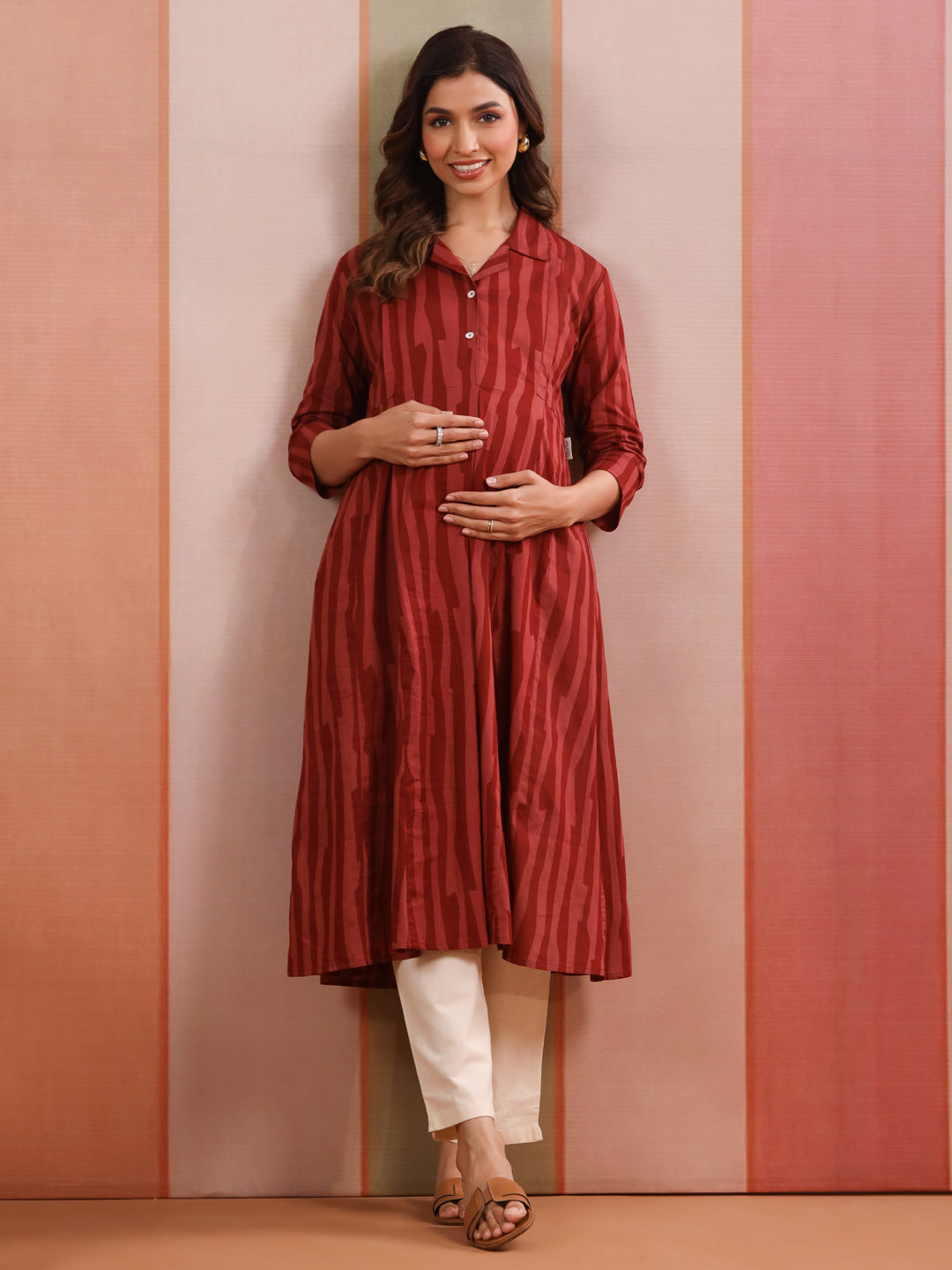 Rust Abstract Stripe Cotton Maternity - Nursing Kurta