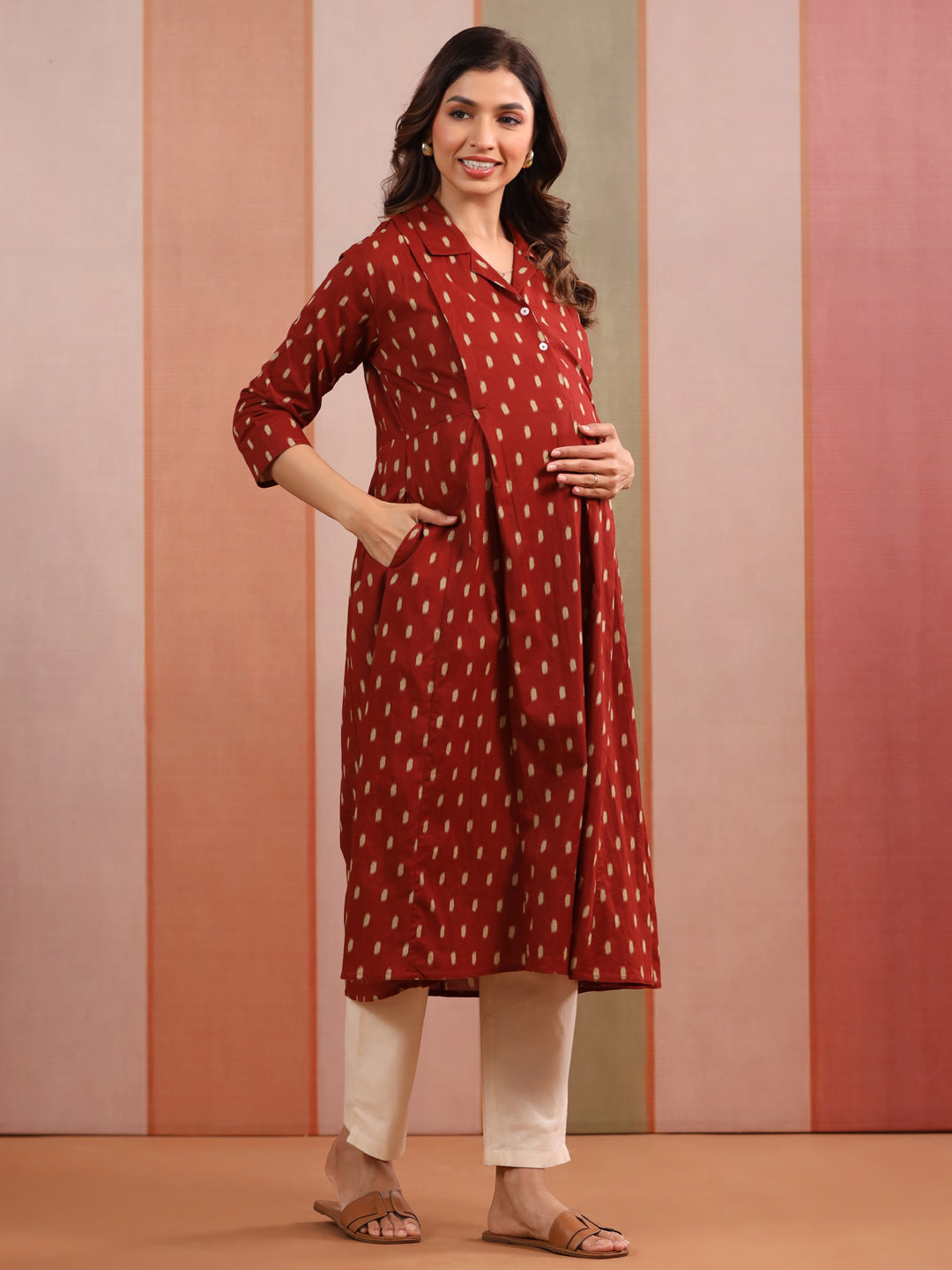 Maroon Loom Print Cotton Maternity - Nursing Kurta