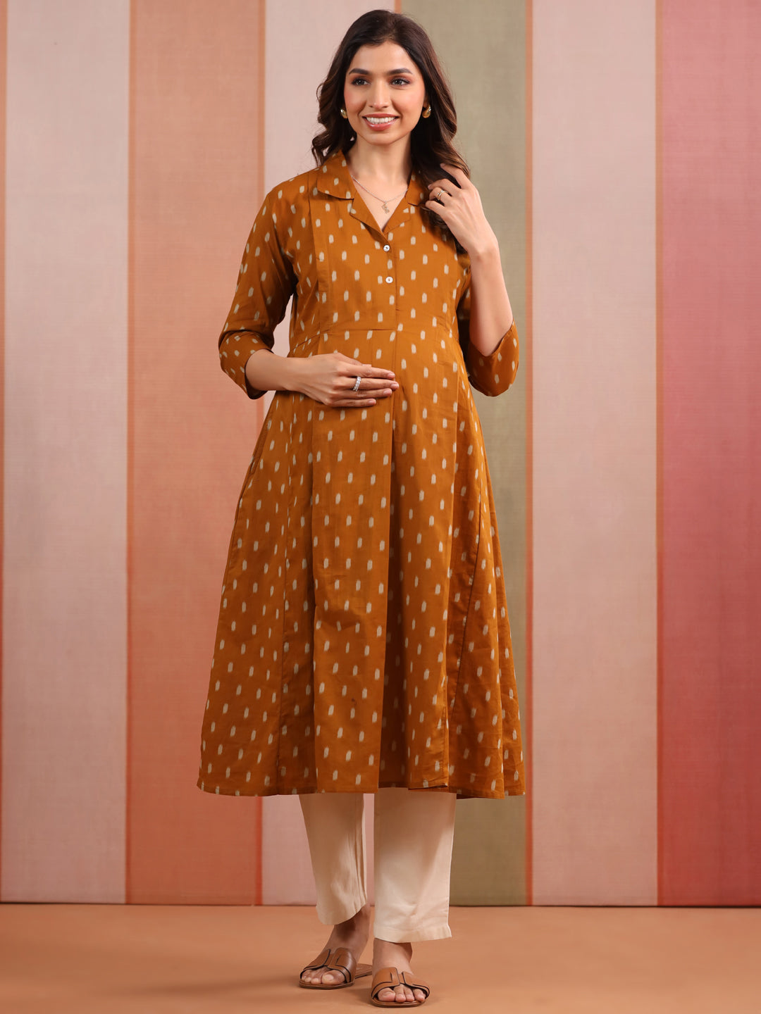 Mustard Loom Print Cotton Maternity - Nursing Kurta