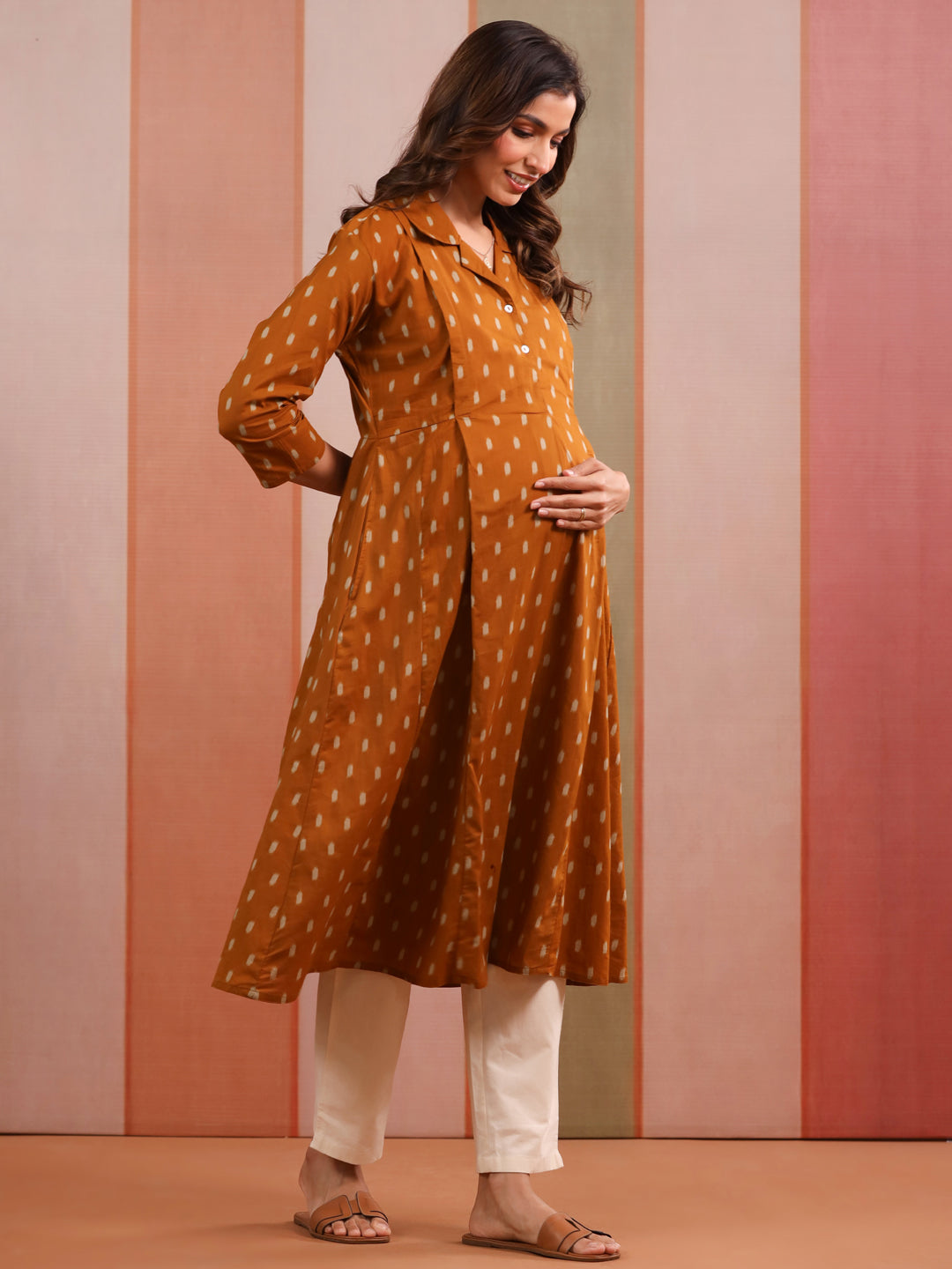 Mustard Loom Print Cotton Maternity - Nursing Kurta