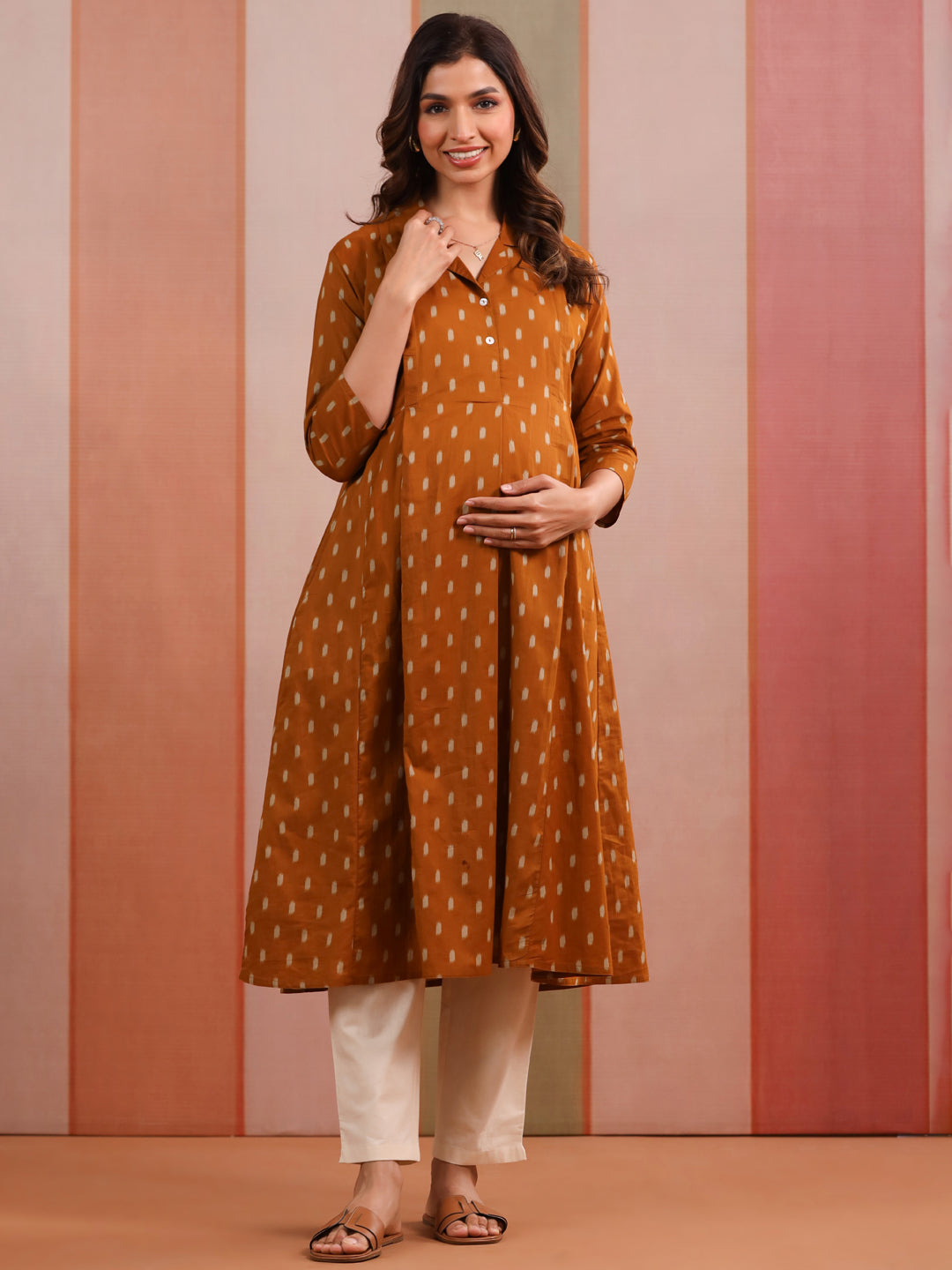 Mustard Loom Print Cotton Maternity - Nursing Kurta