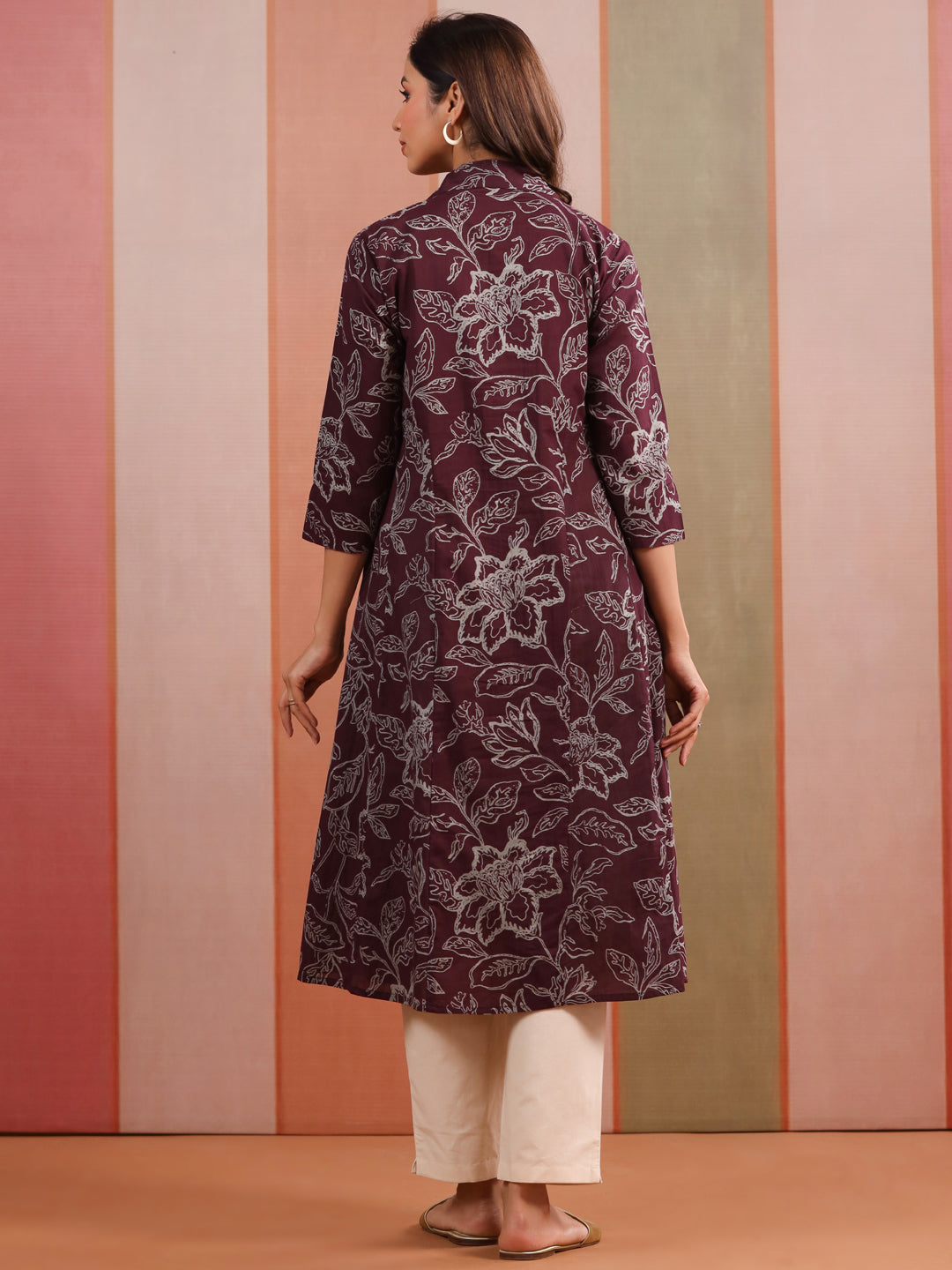Plum Leaf Print Cotton Maternity - Nursing Kurta