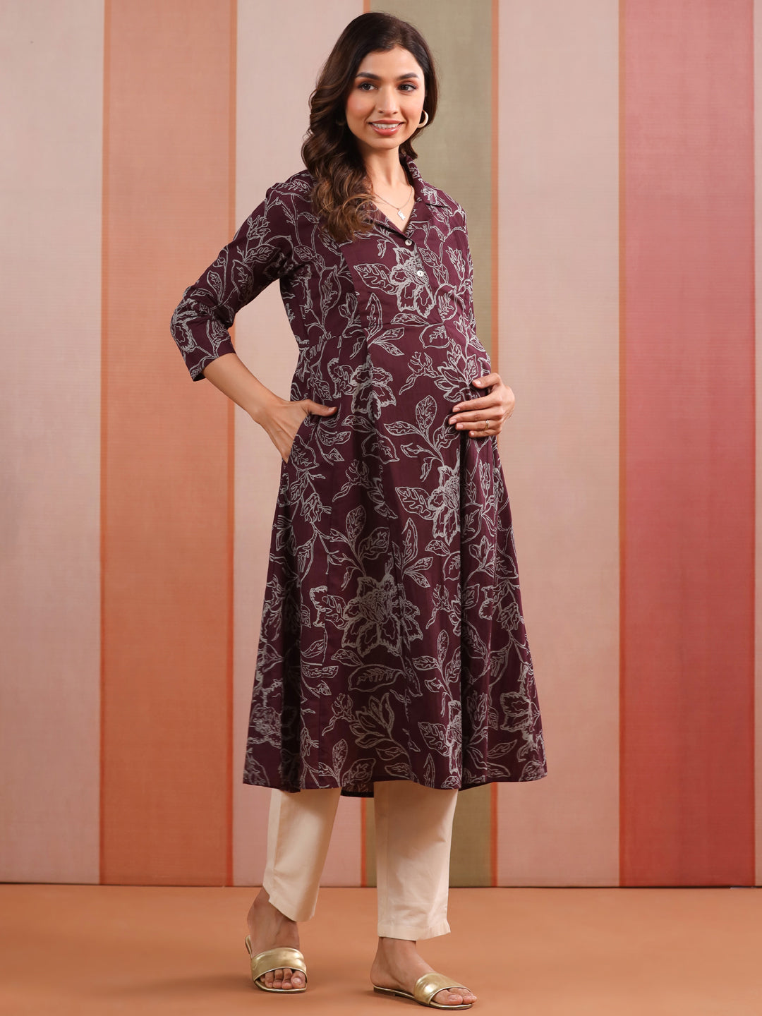 Plum Leaf Print Cotton Maternity - Nursing Kurta