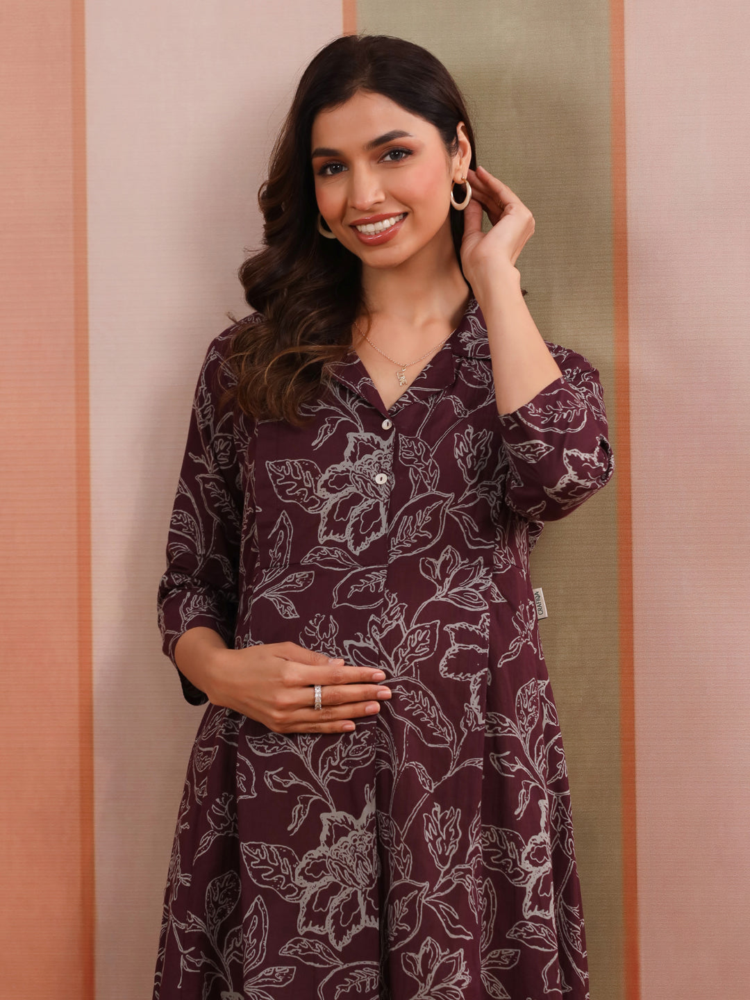 Plum Leaf Print Cotton Maternity - Nursing Dress