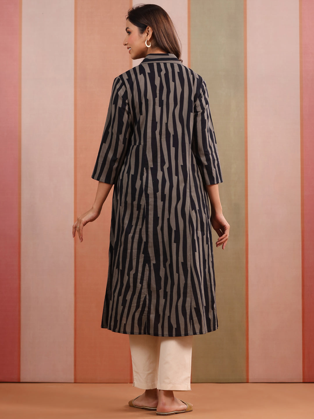 Black Grey Abstract Stripe Cotton Maternity - Nursing Kurta