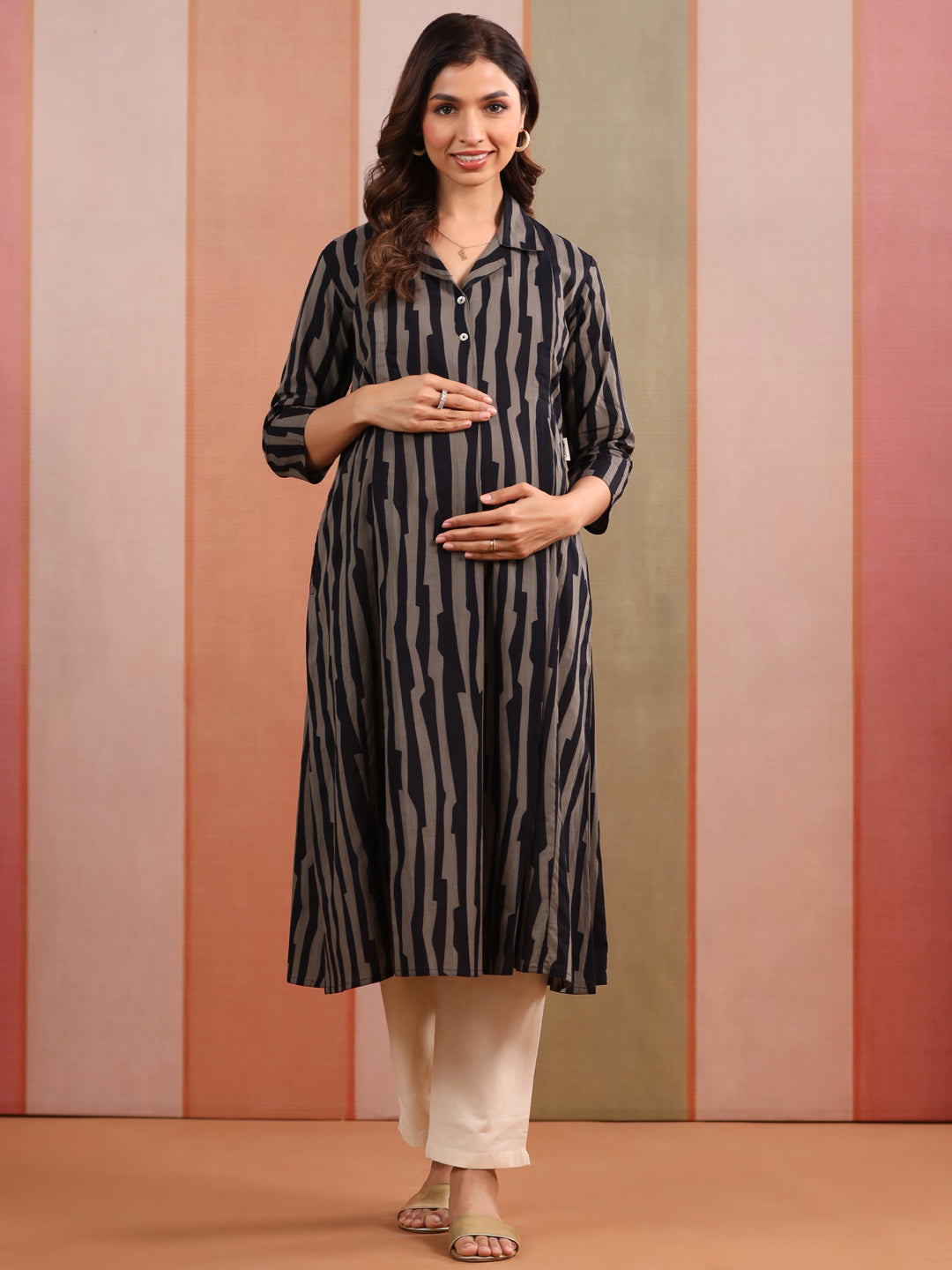 Black Grey Abstract Stripe Cotton Maternity - Nursing Kurta