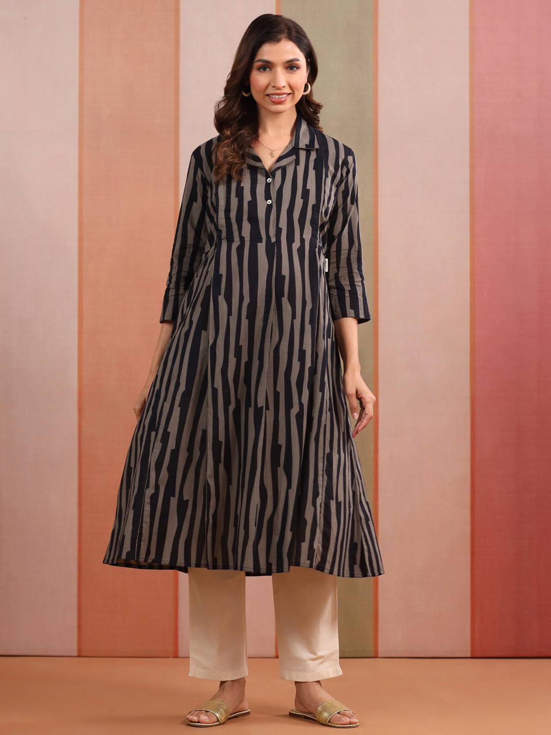 Black Grey Abstract Stripe Cotton Maternity - Nursing Kurta