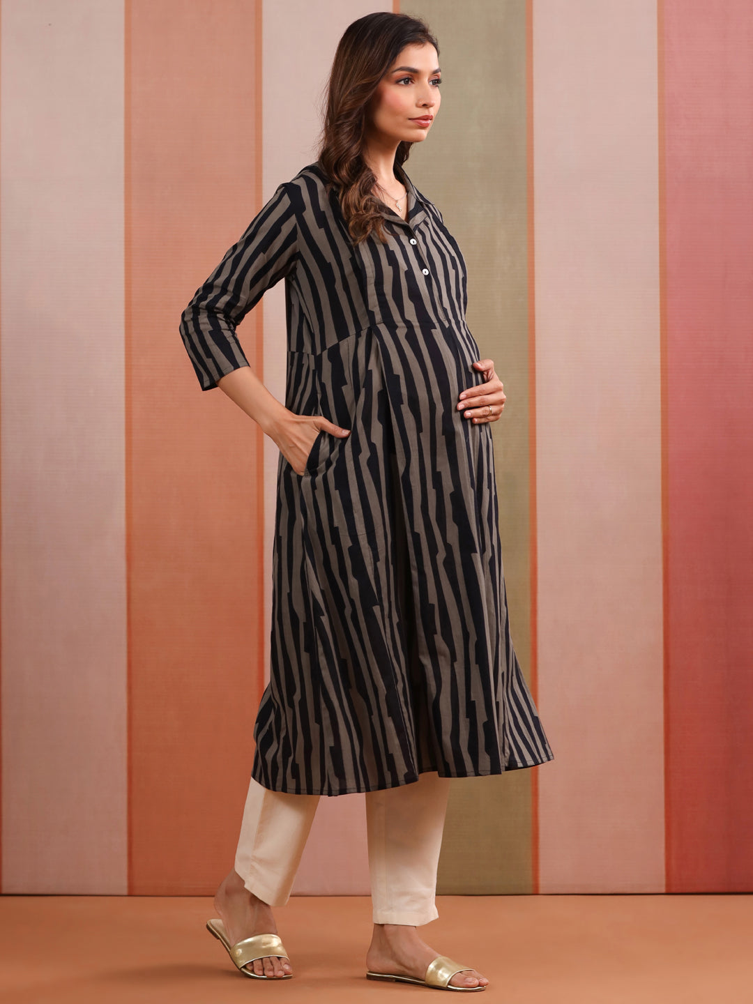 Black Grey Abstract Stripe Cotton Maternity - Nursing Kurta