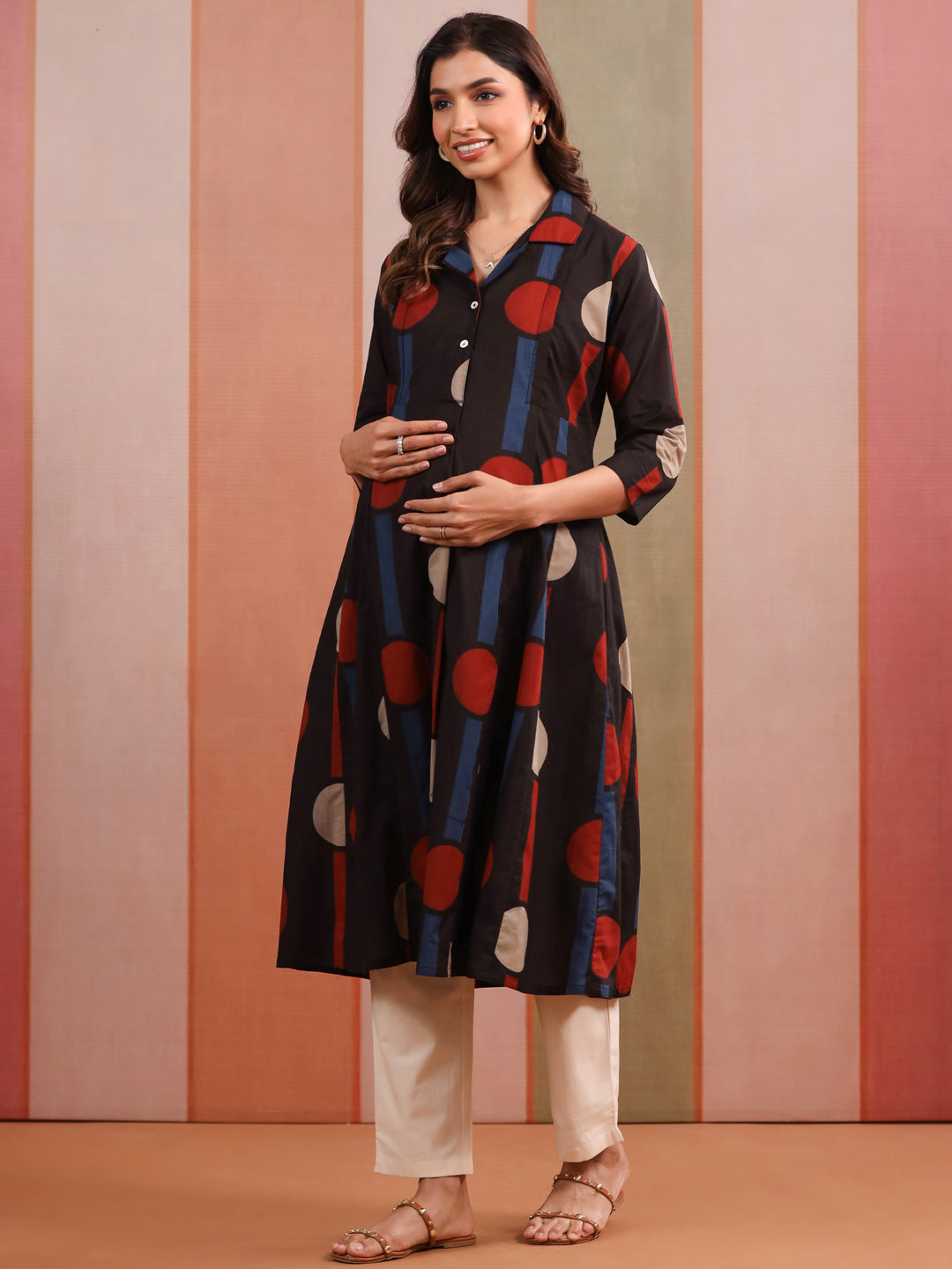 Black Geometric Ajrakh Cotton Maternity - Nursing Kurta