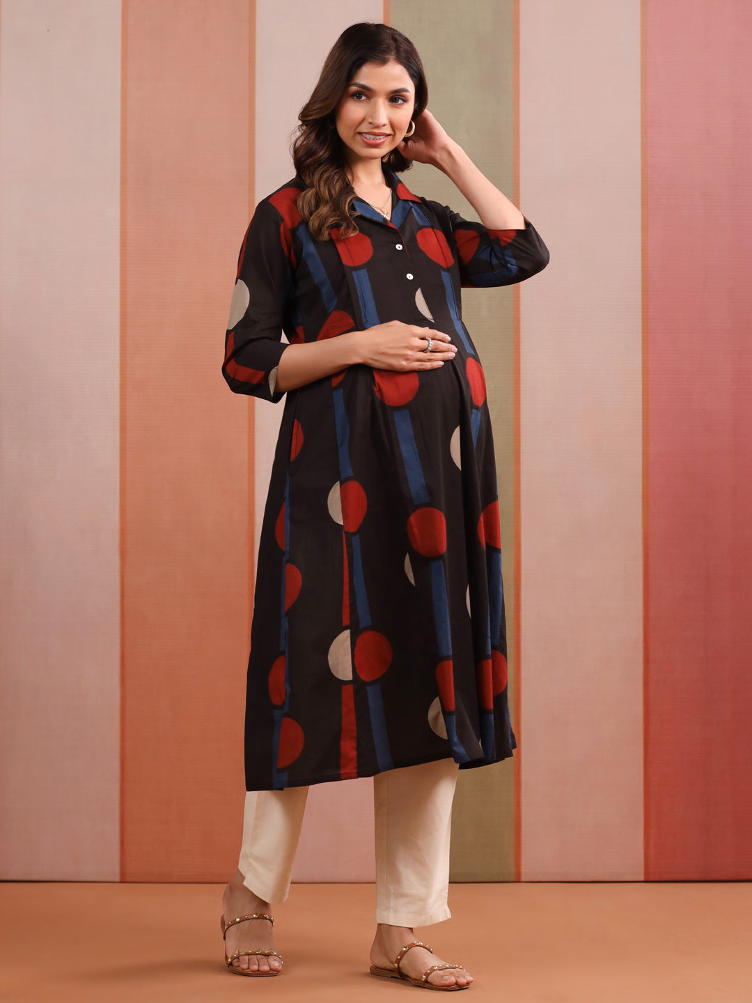 Black Geometric Ajrakh Cotton Maternity - Nursing Kurta