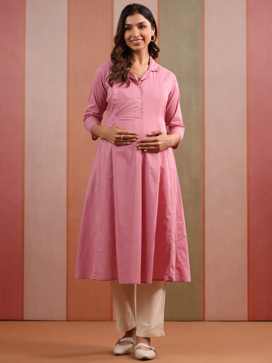Soft Pink Solid Slub Maternity - Nursing Kurta