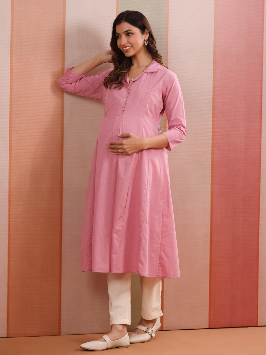 Soft Pink Solid Slub Maternity - Nursing Kurta