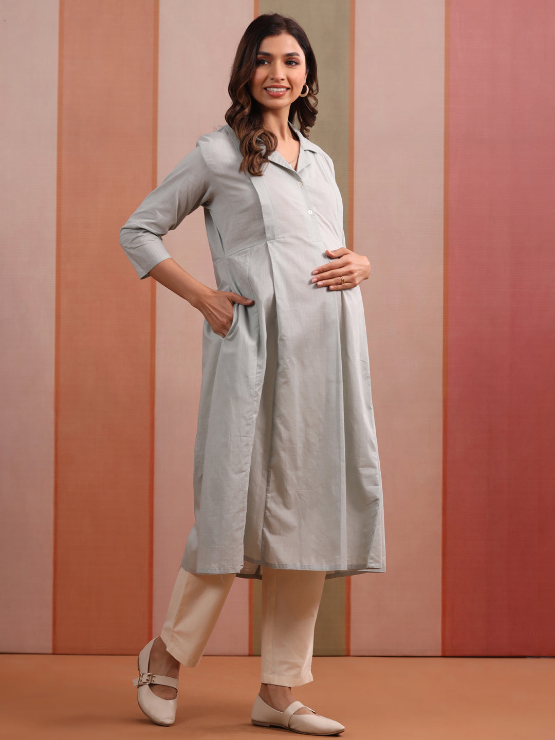 Soft Grey Solid Slub Maternity - Nursing Kurta