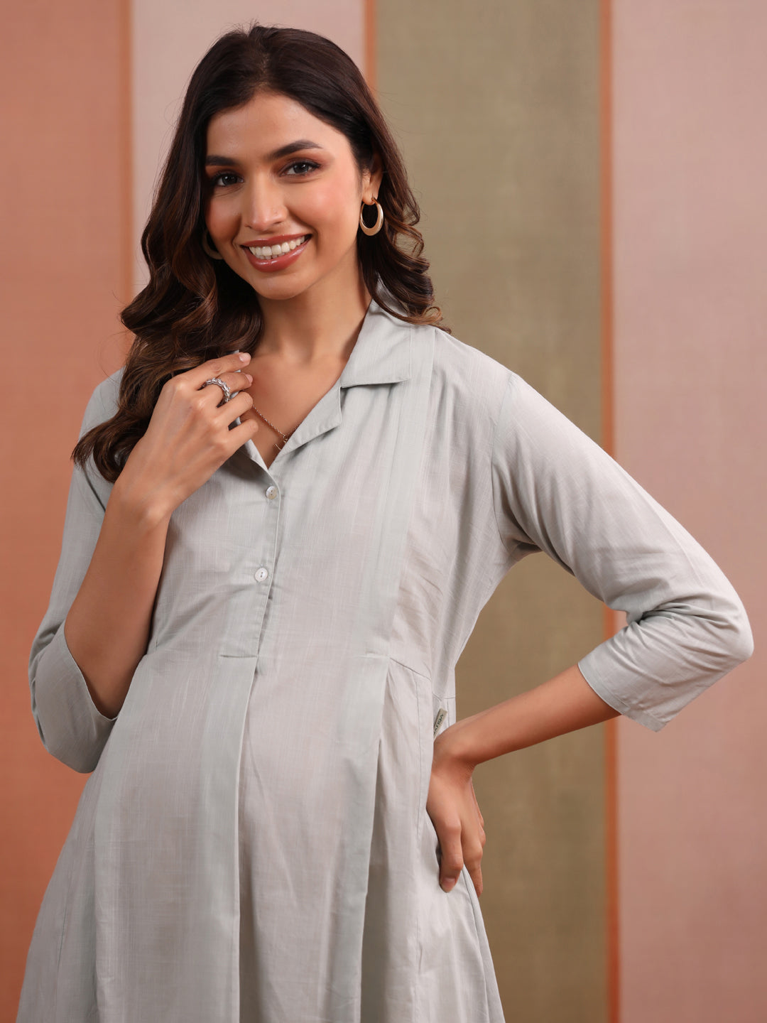 Soft Grey Solid Slub Maternity - Nursing Kurta